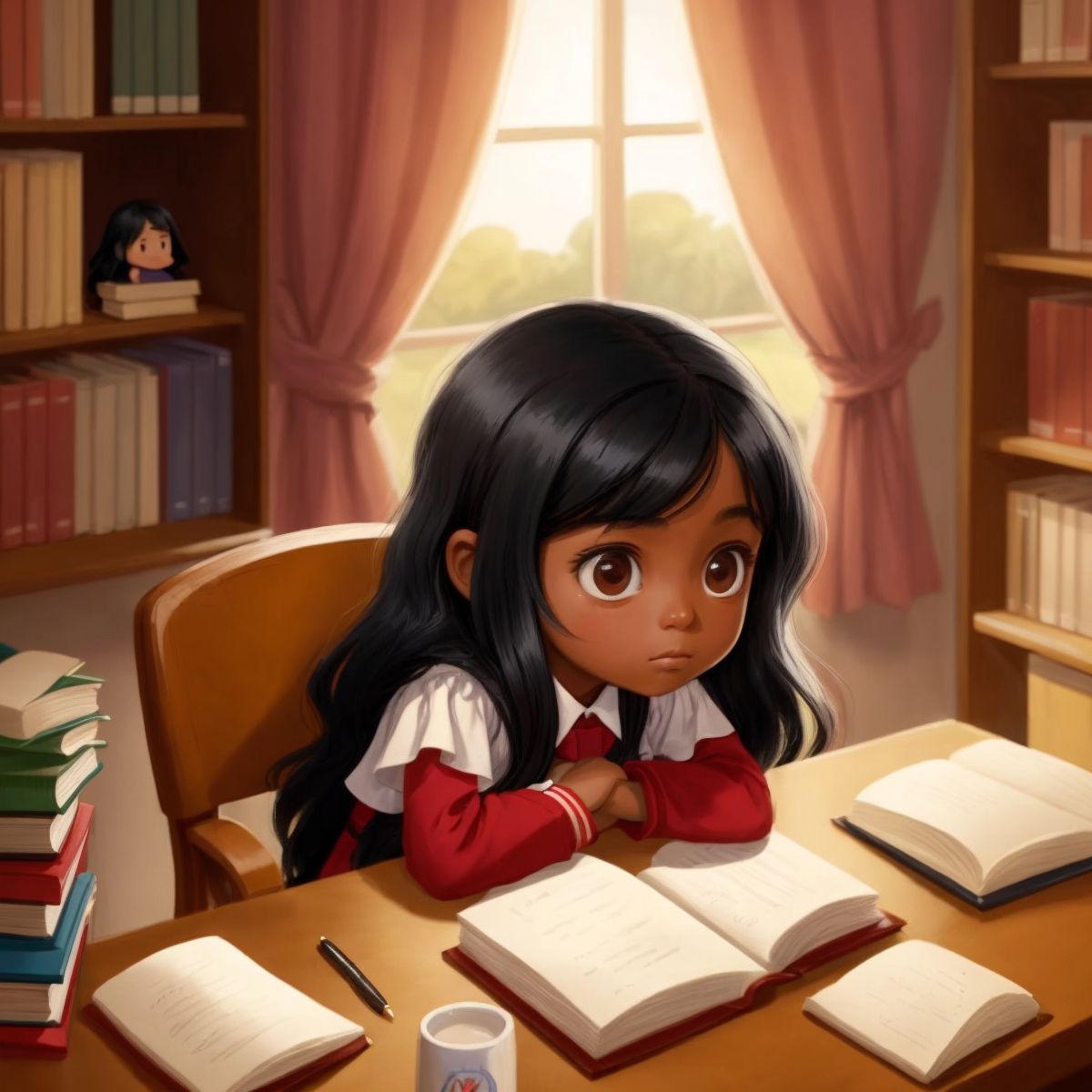 لينا sitting at a desk with a book and a notebook, looking thoughtful