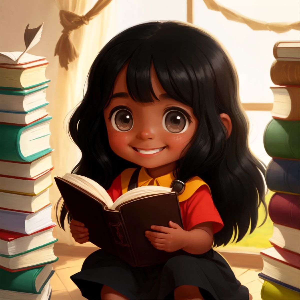 لينا holding a book, smiling, with several books scattered around her