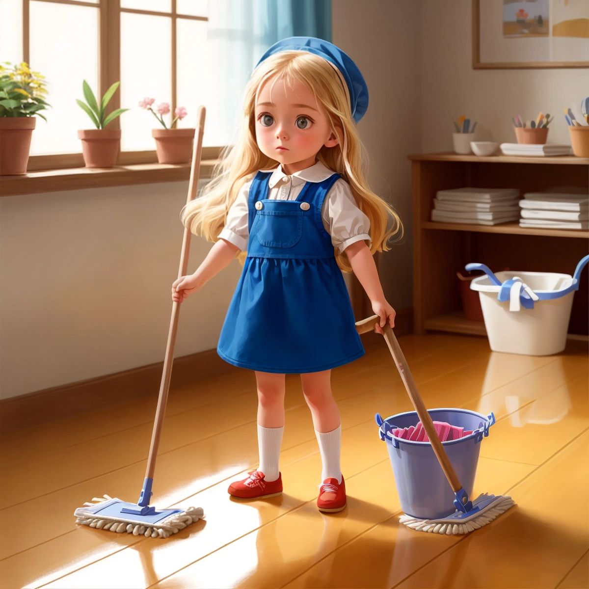 هند with a mop and a bucket, ready to clean the floor