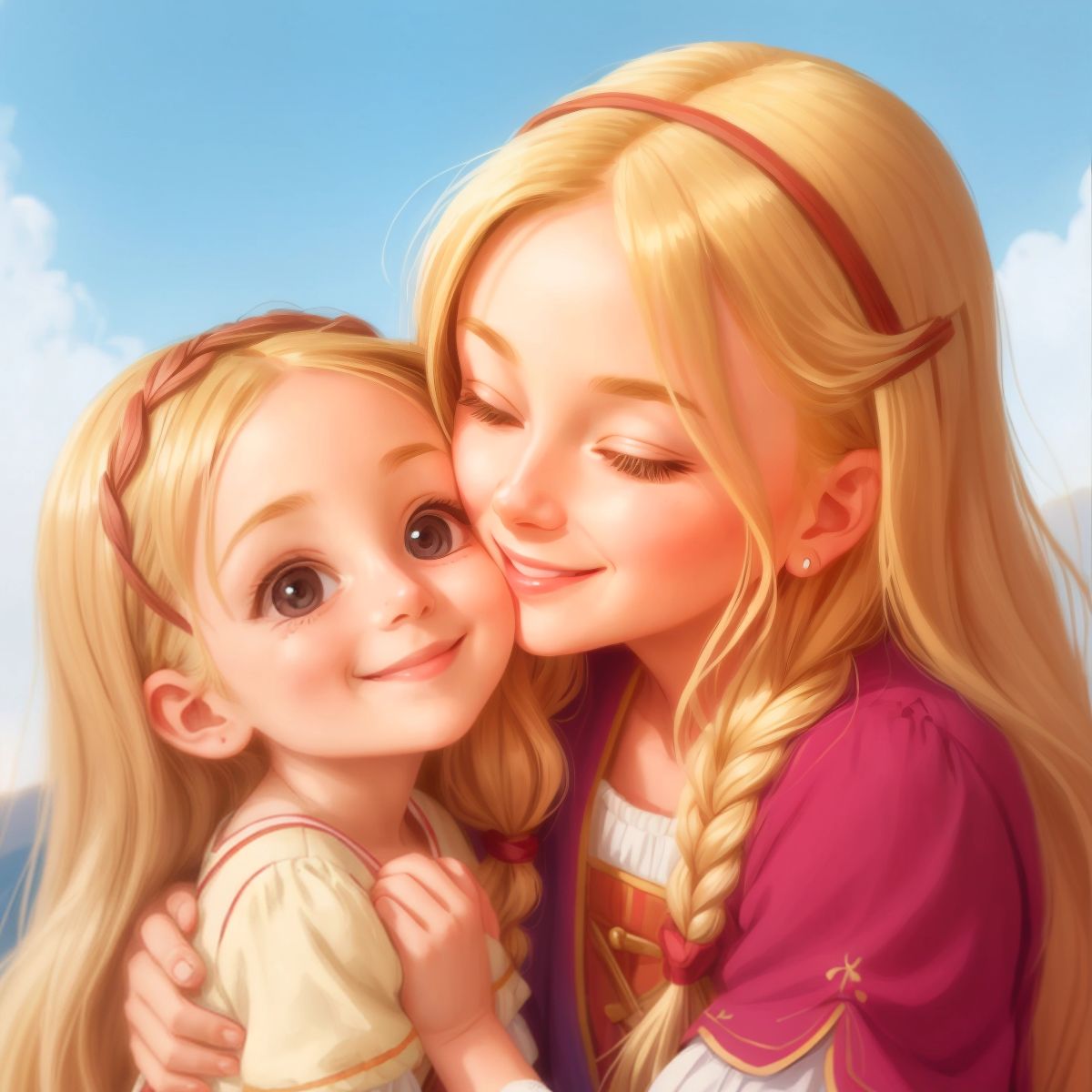 هند's mother smiling and kissing هند on the forehead