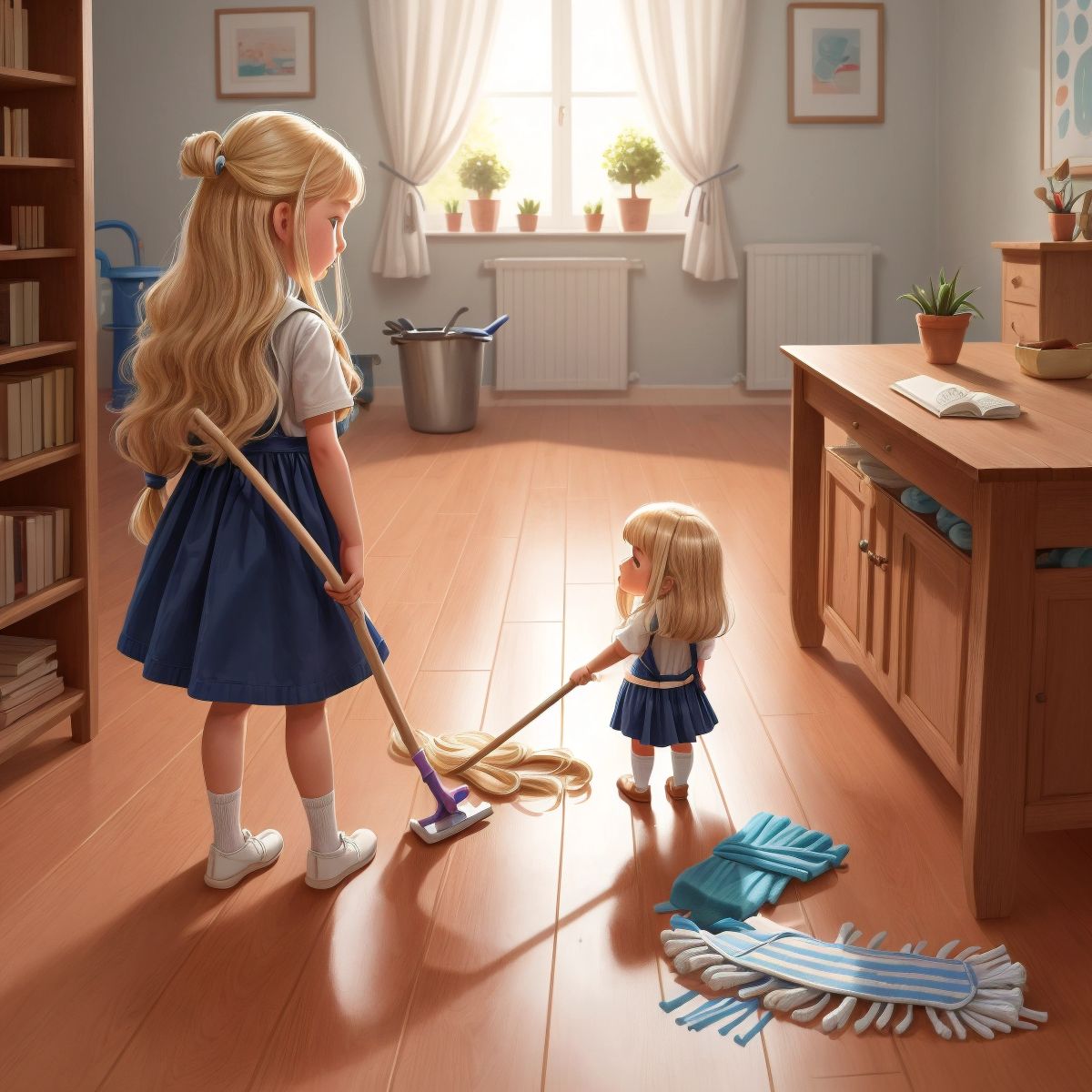 هند trying to clean a large floor with a small mop