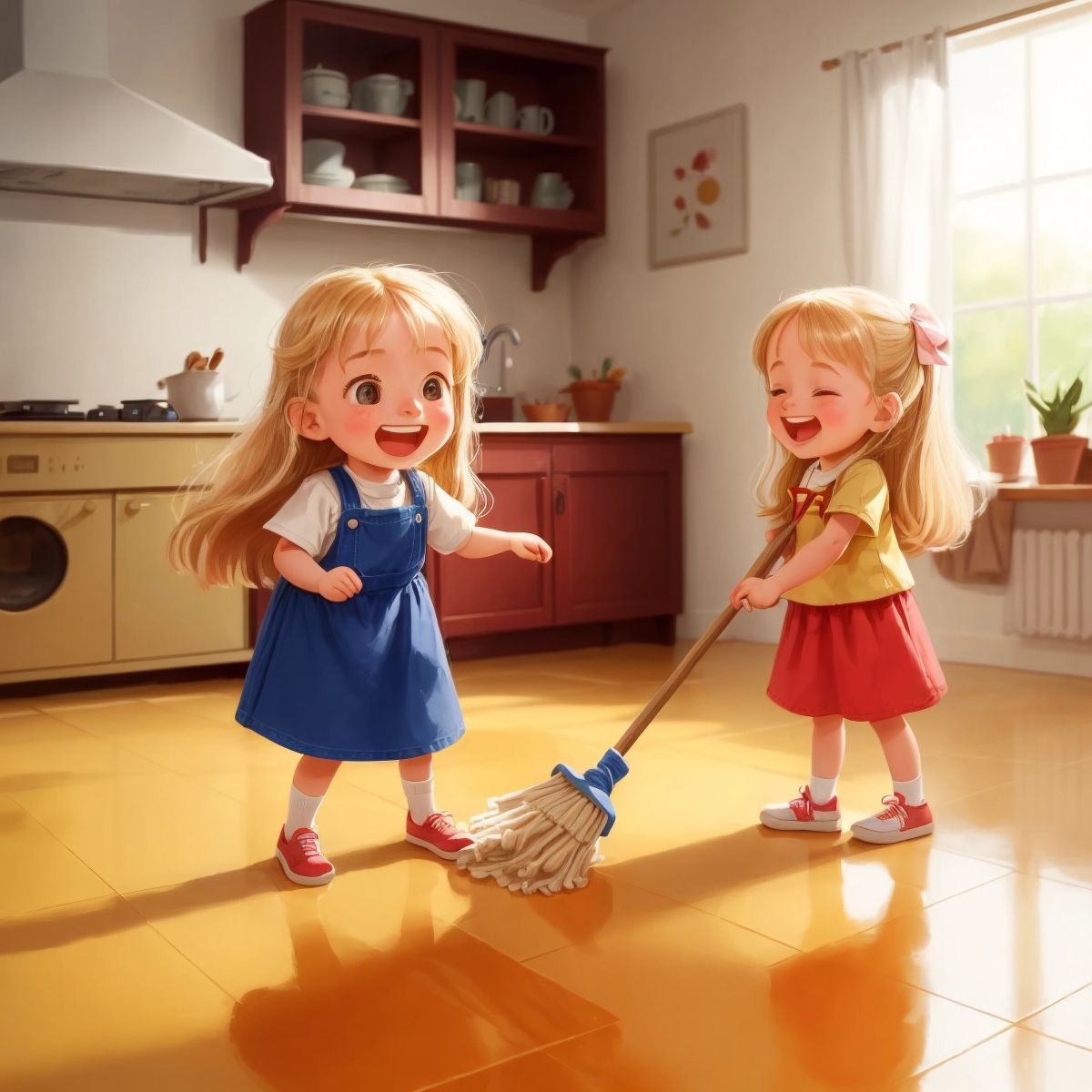 هند and her neighbor mopping the floor, laughing and singing