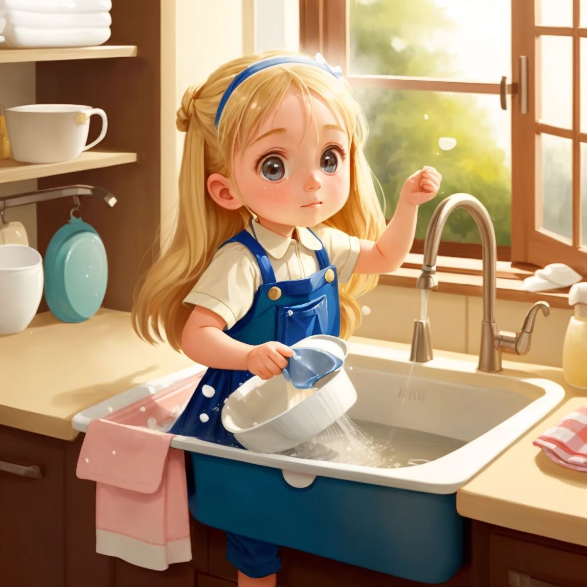 هند trying to wash dishes with a broken cup in the sink