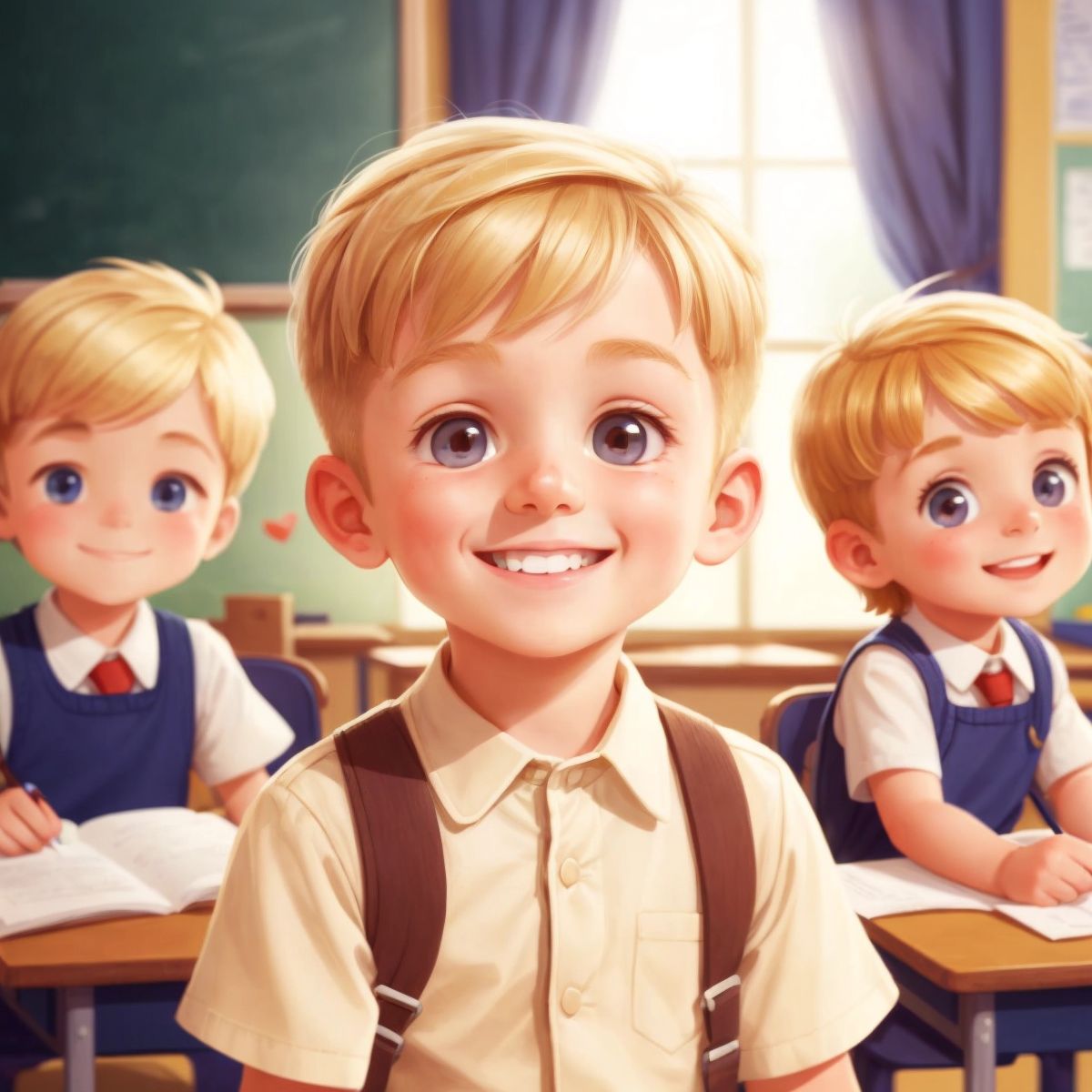 Joseph smiling in the classroom with his friends