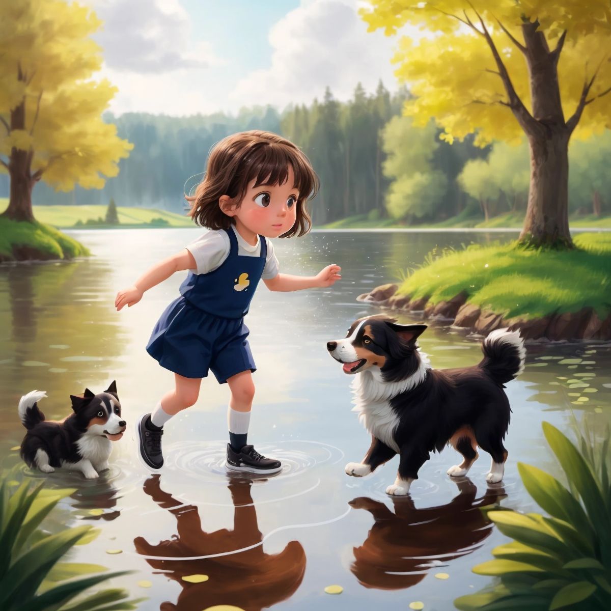 Elsie splashing in a lake with Simba and Bazo watching