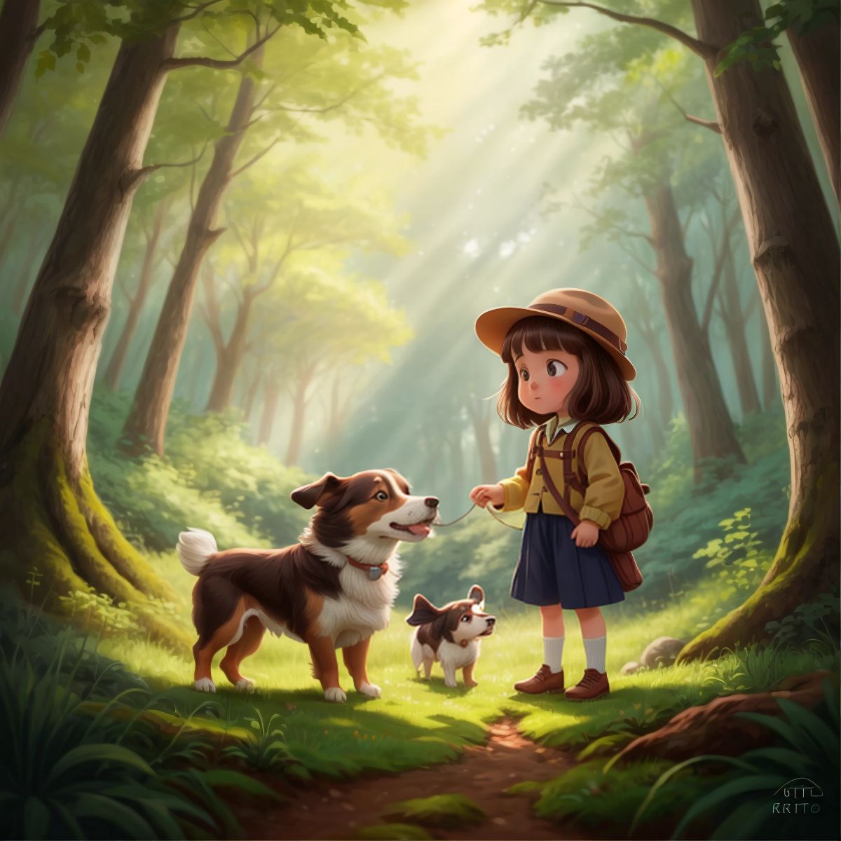 Elsie and Simba standing at the edge of a forest
