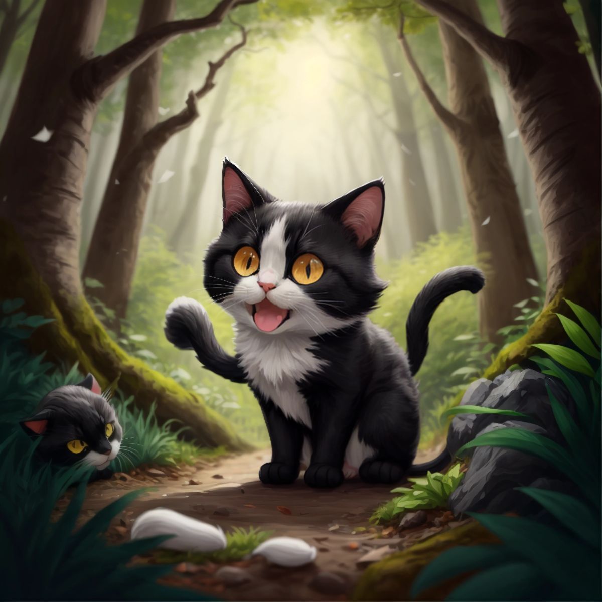 Bazo the cat hissing with a forest background