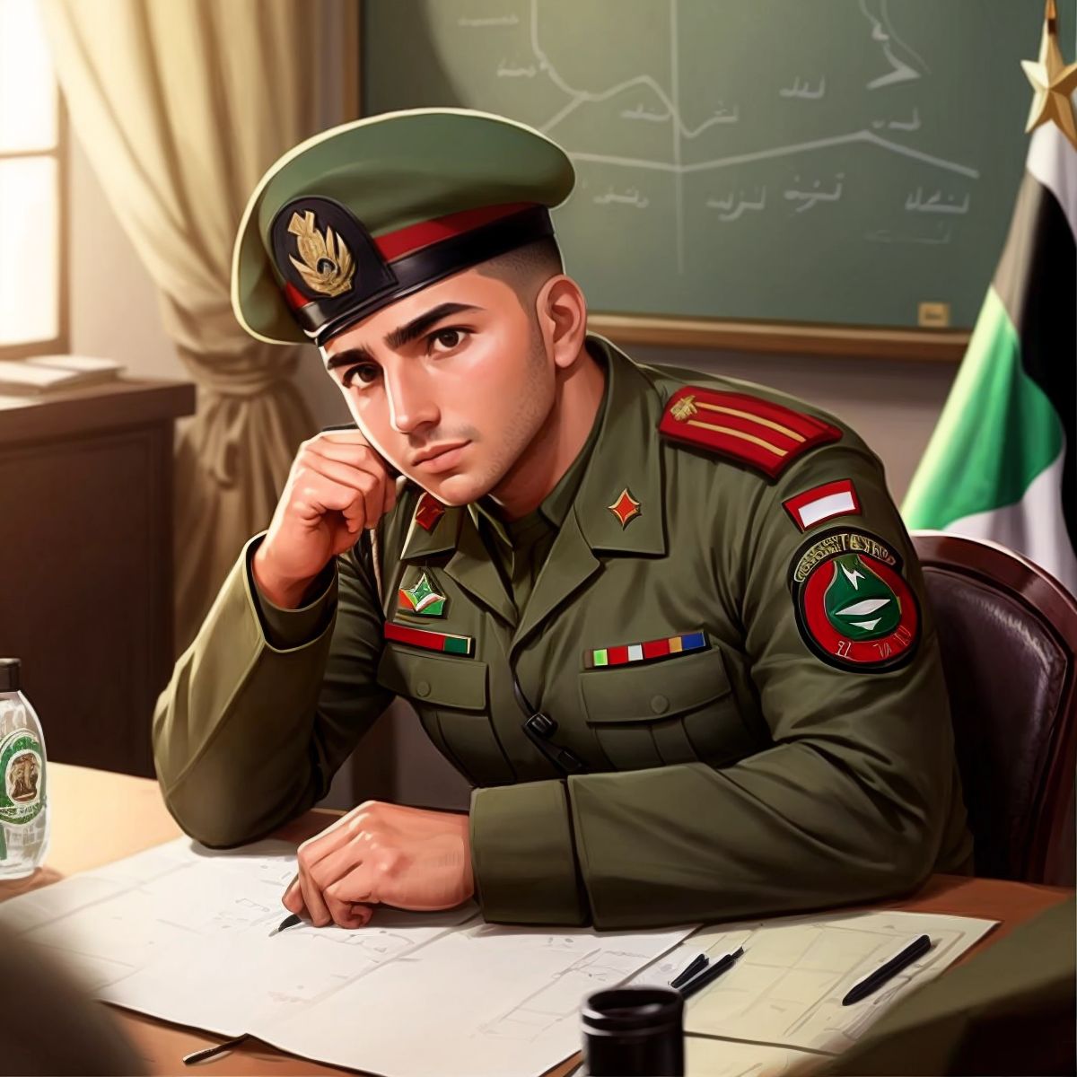 A Palestinian resistance military member strategizing a plan