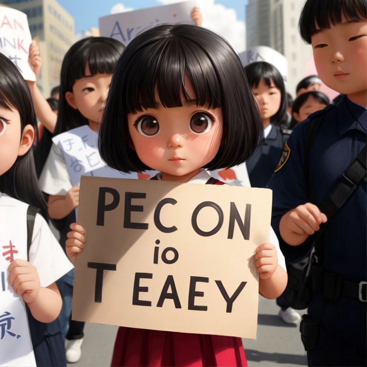 Amal holding a sign with a message of peace