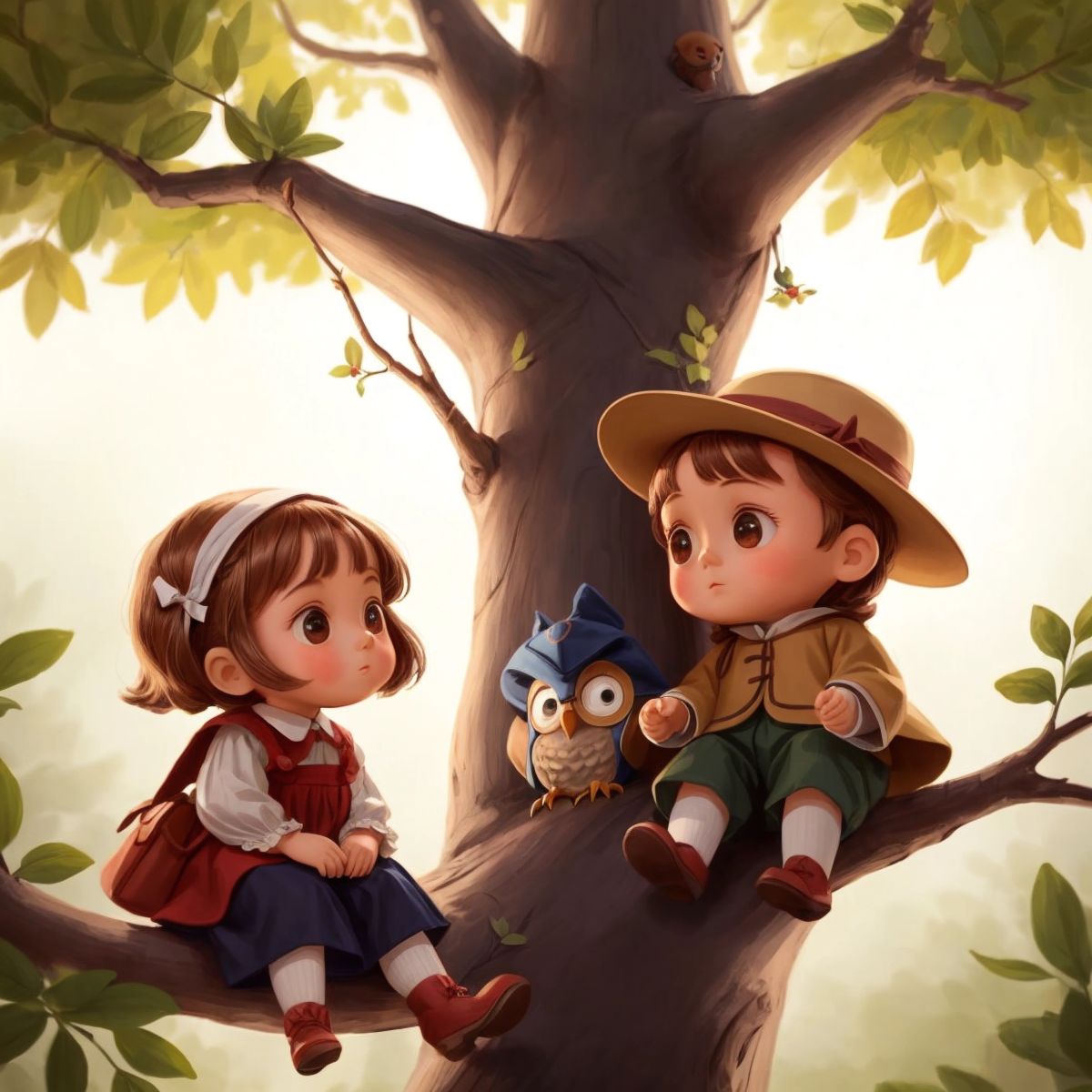 Lily and Oliver talking to a wise old owl perched on a tall tree branch