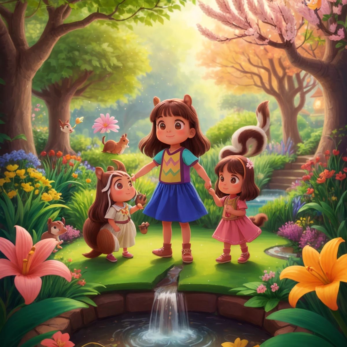 Mischievous squirrel guiding Lilly through the magical garden with different soil types