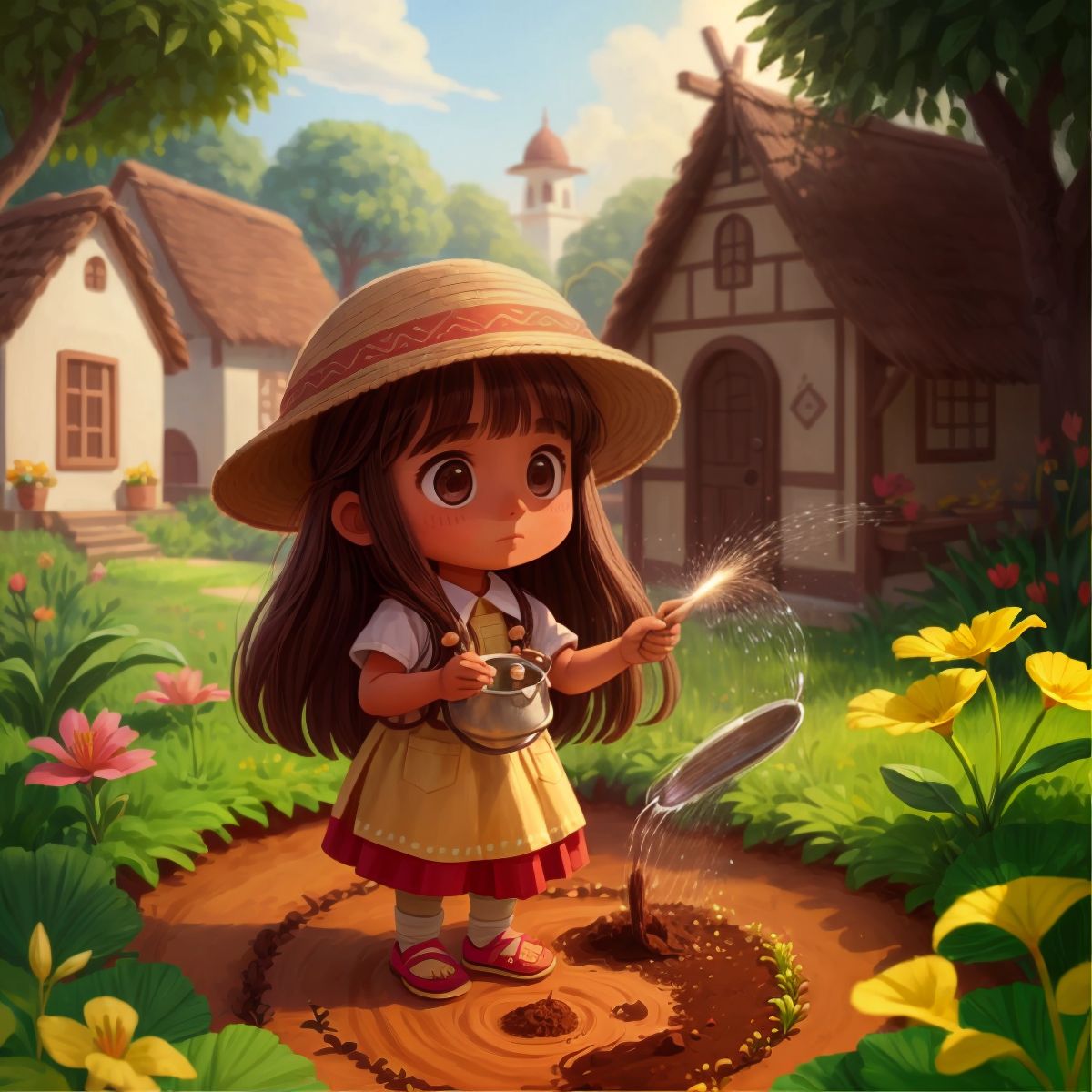 Lilly watering the newly planted enchanted seed