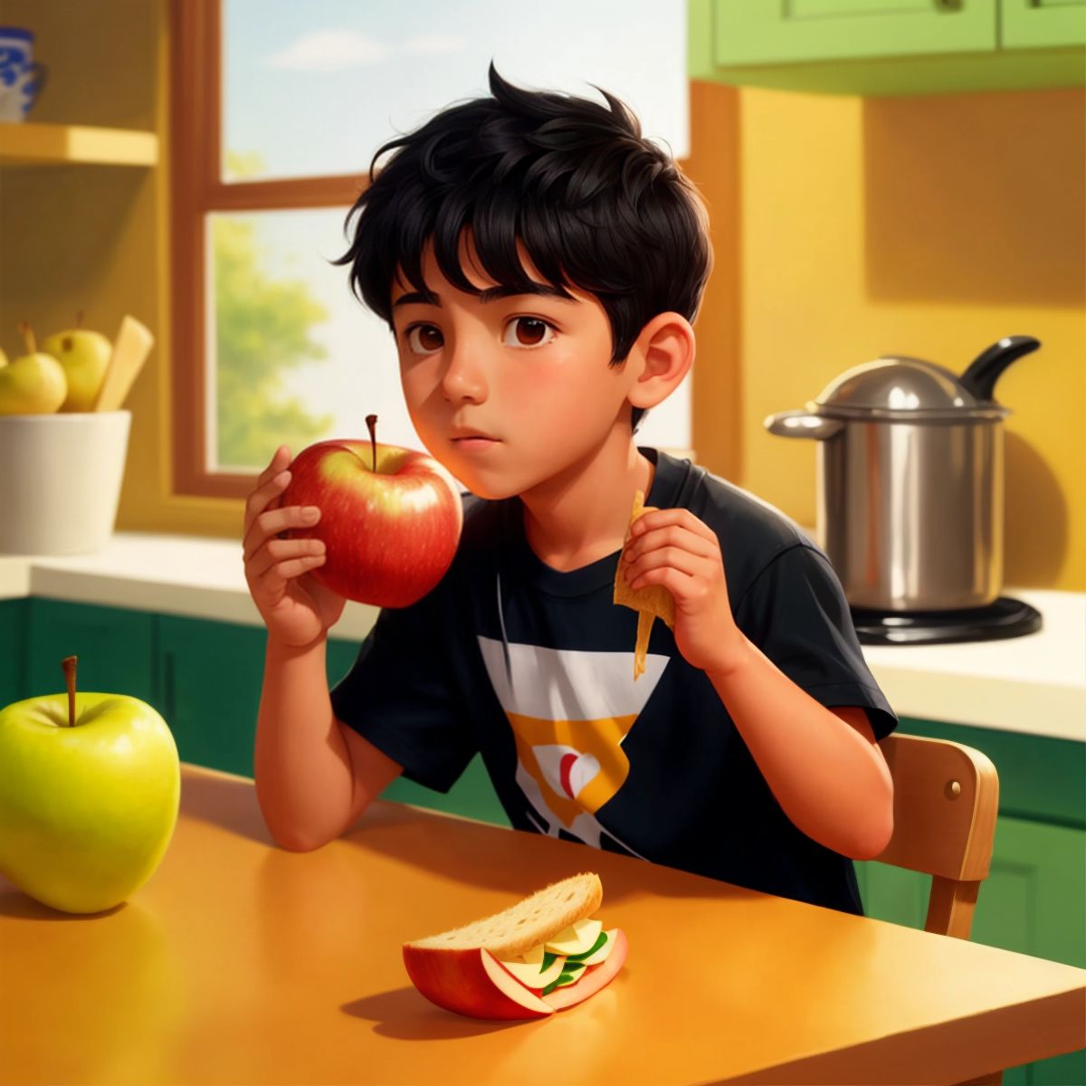 Felipe eating a sandwich and an apple in the kitchen