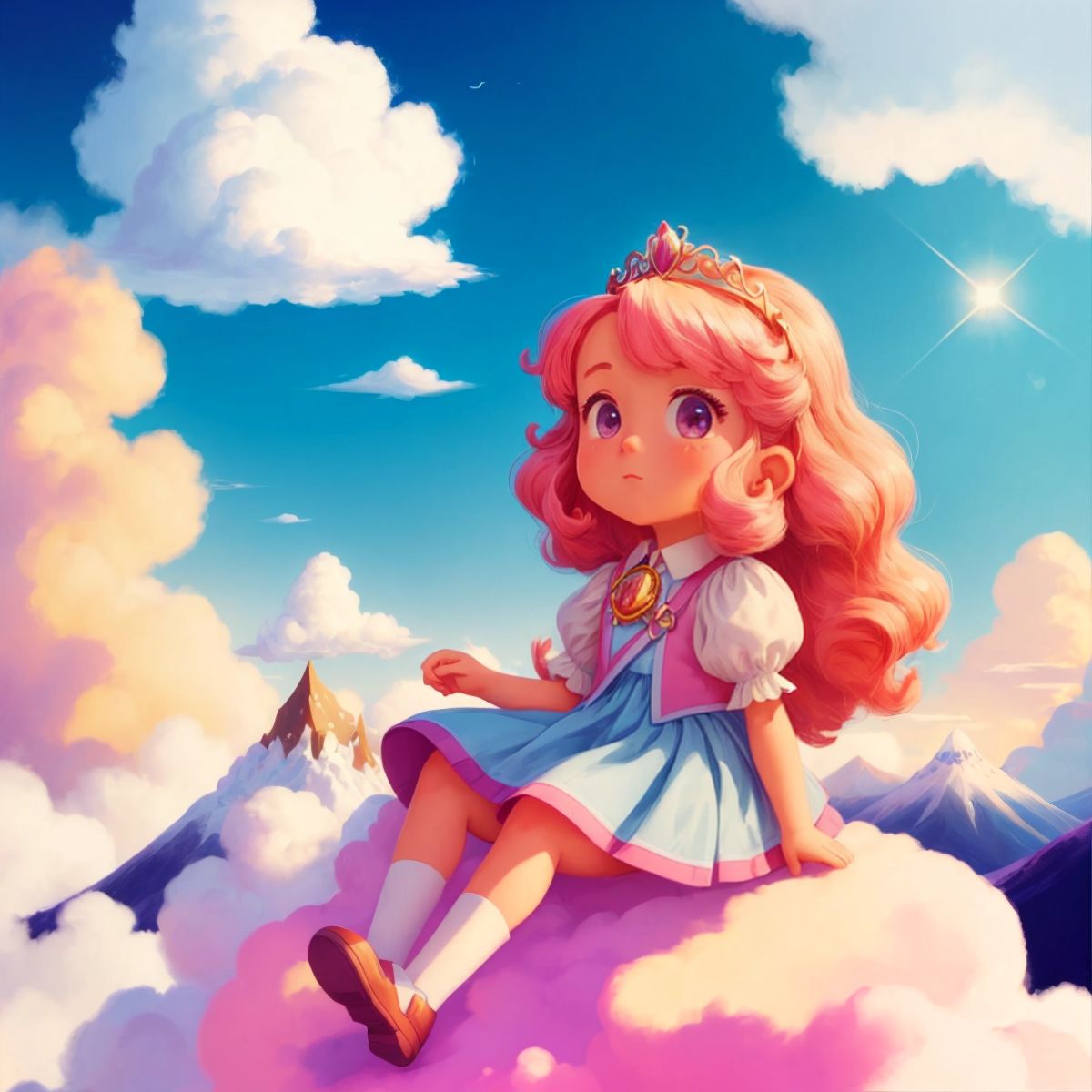 The princess on the summit of the Marshmallow Mountains, with candy floss clouds in the sky behind her.