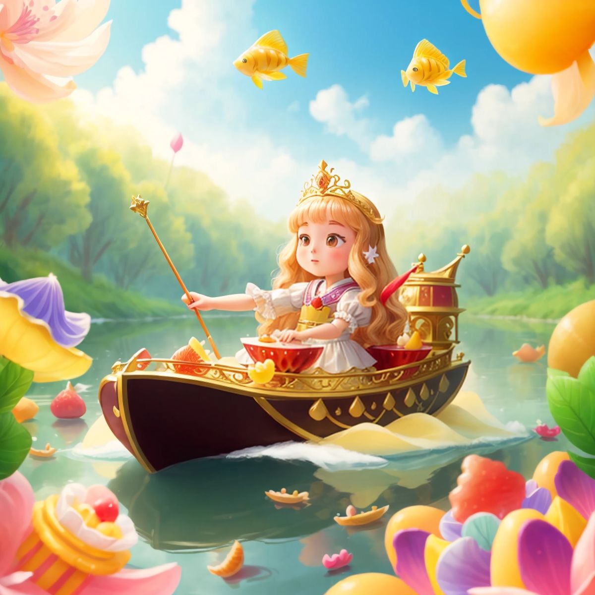 The princess on a wafer boat on the Royal Jelly River, with fruit gummy fish leaping around her.