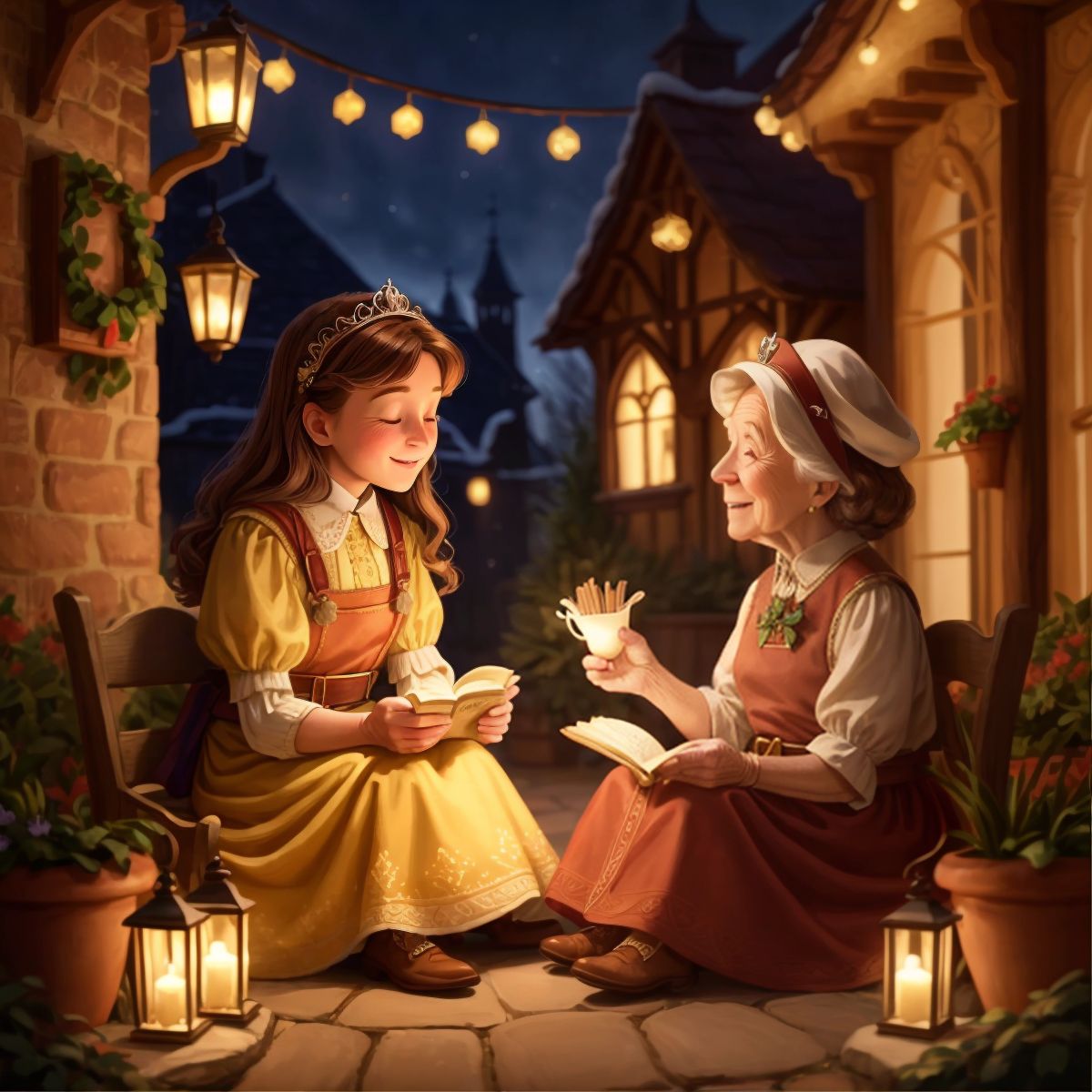 The princess, joyfully sharing her adventure stories with Gloria and her subjects, in the brightly lit gingerbread courtyard.