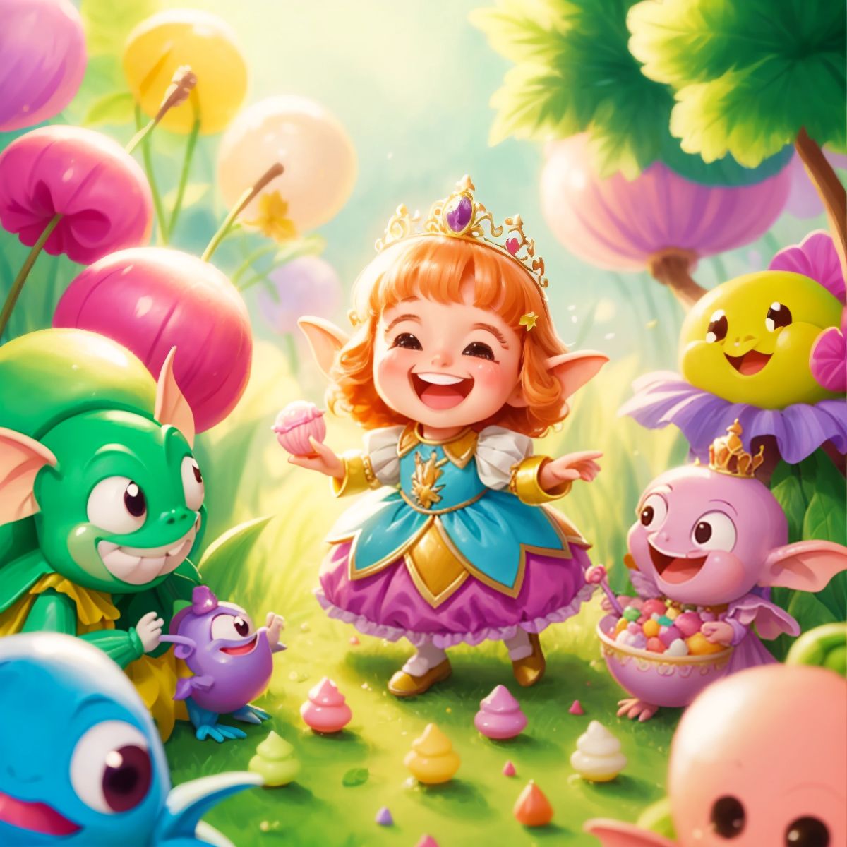 The princess laughing with the Gumdrop Goblins, surrounded by hidden sweets in a colorful clearing.