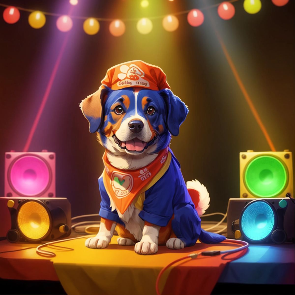 Noah wearing a special bandana, sitting at the side of a stage with colorful lights and musical equipment, tail wagging.