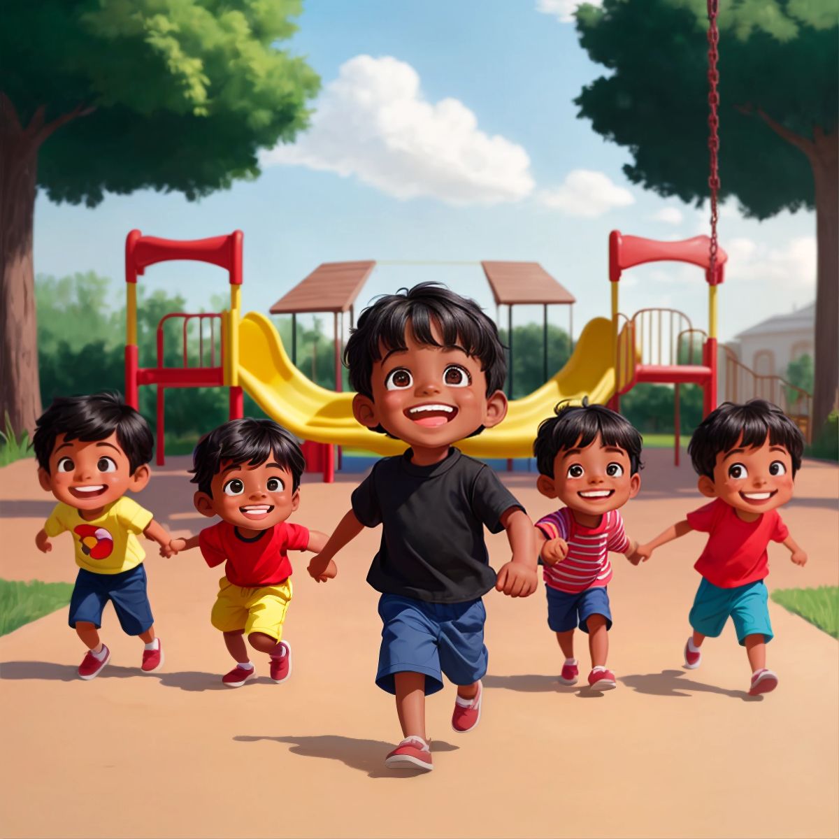 Felix, smiling, approaching a group of kids at a playground with swings and a slide in the background.