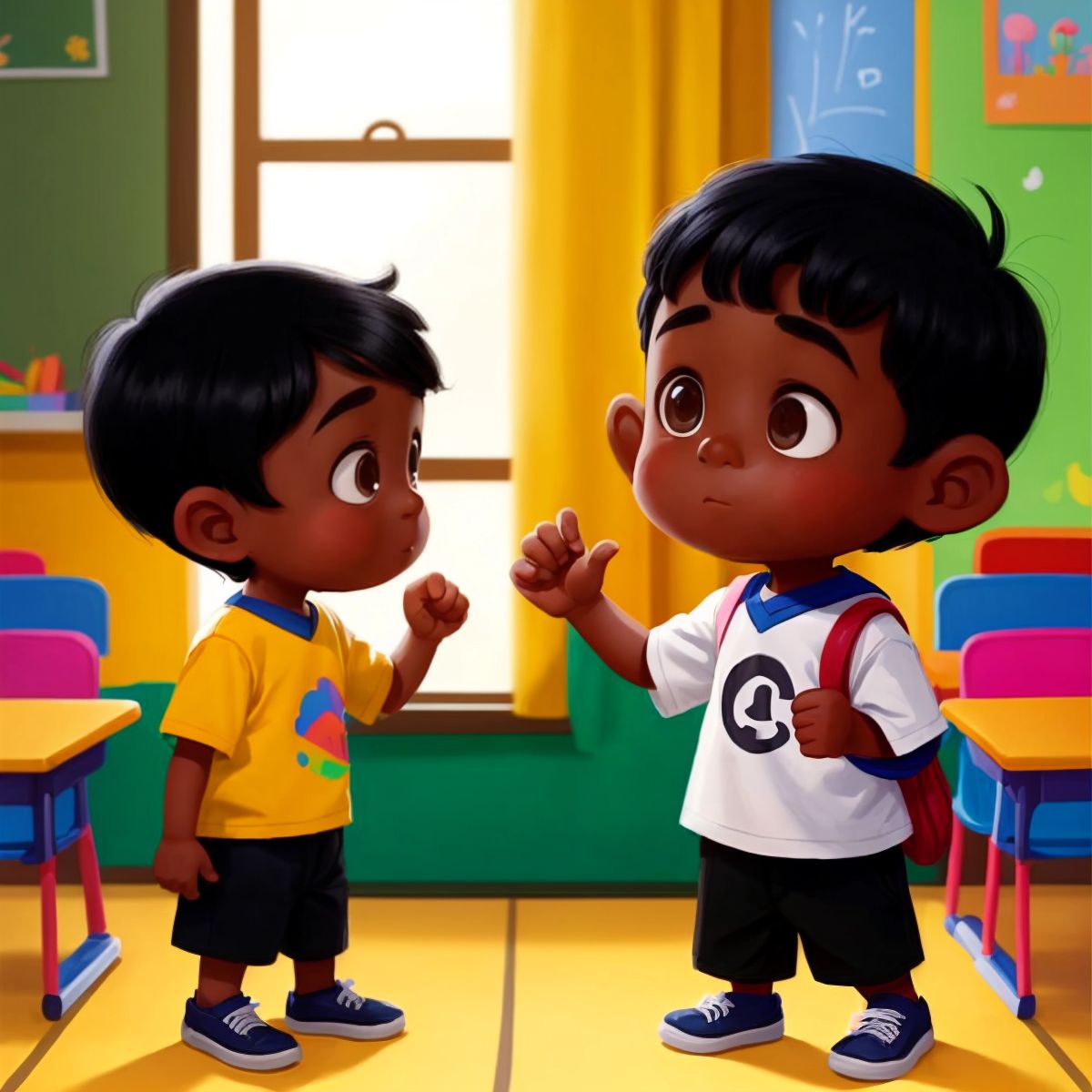 Felix extending his hand to a shy-looking new kid in the corner of a colorful classroom.