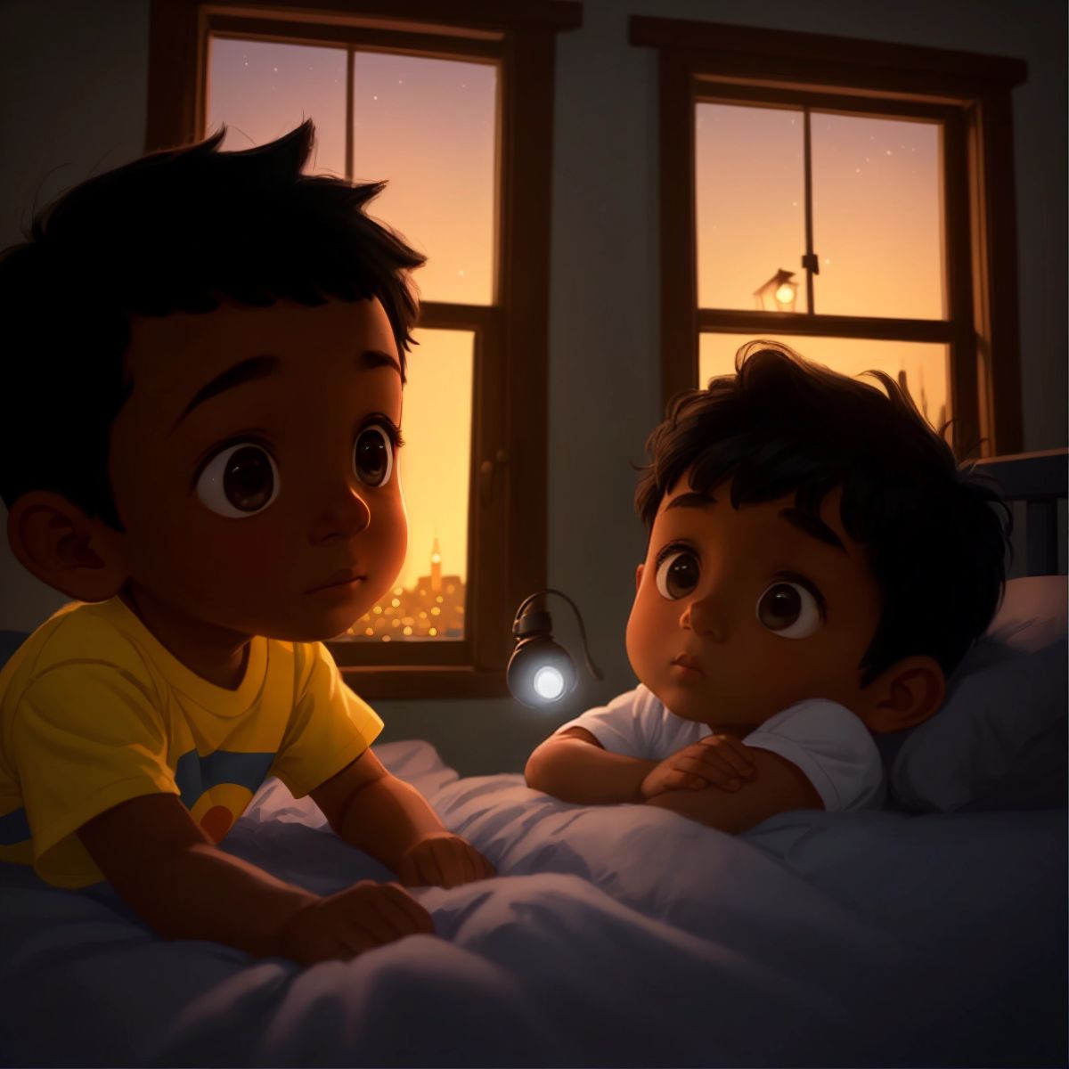 Felix, a young boy with a hopeful expression, lying in bed with a nightlight casting a warm glow, and a silhouette of a small town visible through the window.