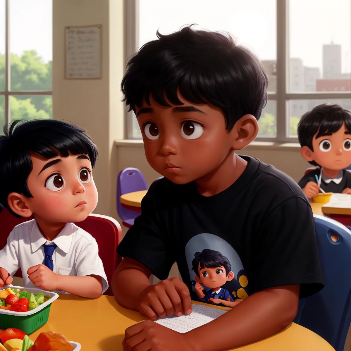 Felix inviting a sad kid to his lunch table, with a crowded school cafeteria in the background.