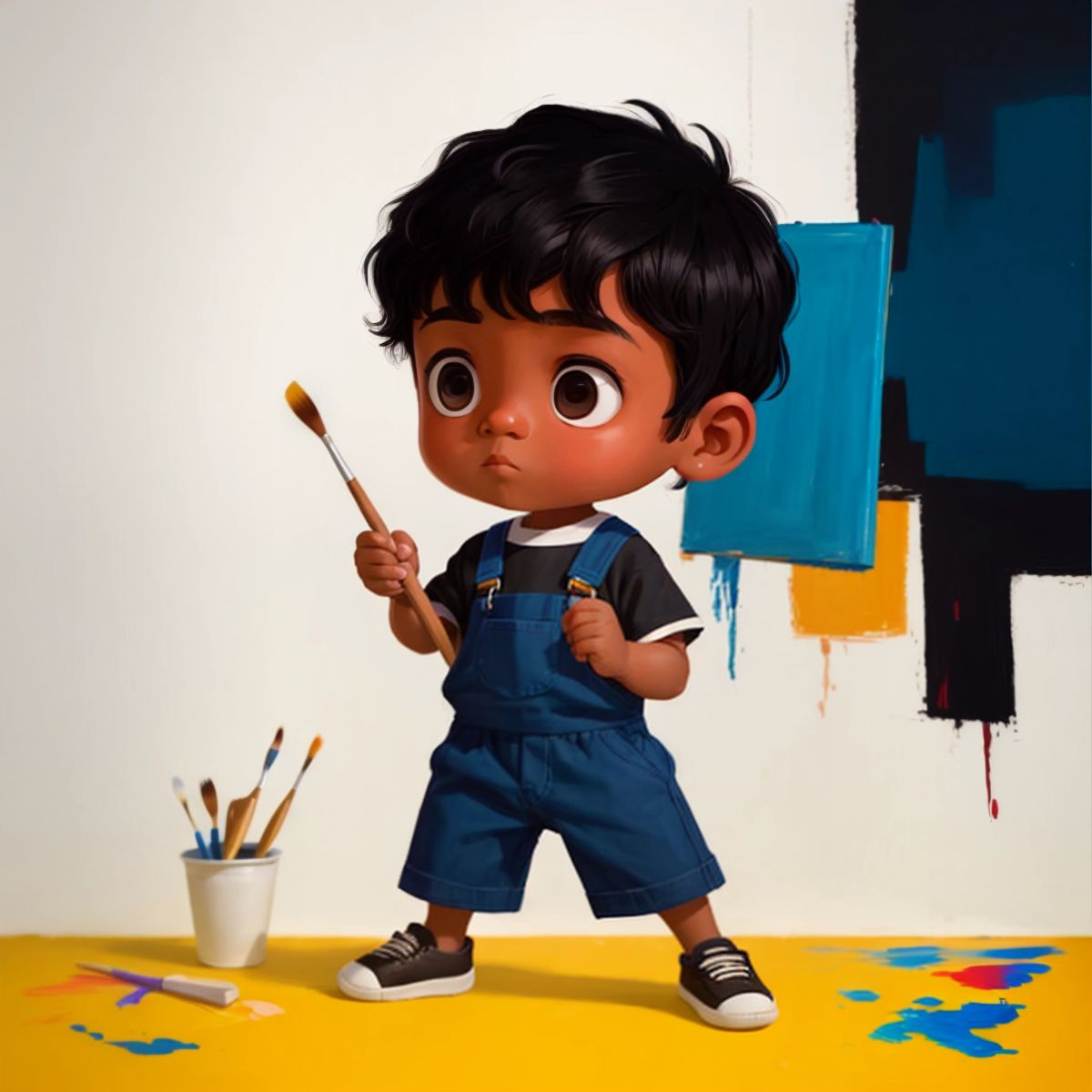 Felix holding a paintbrush with a look of concentration, with a canvas and a palette of colorful paints in front of him.