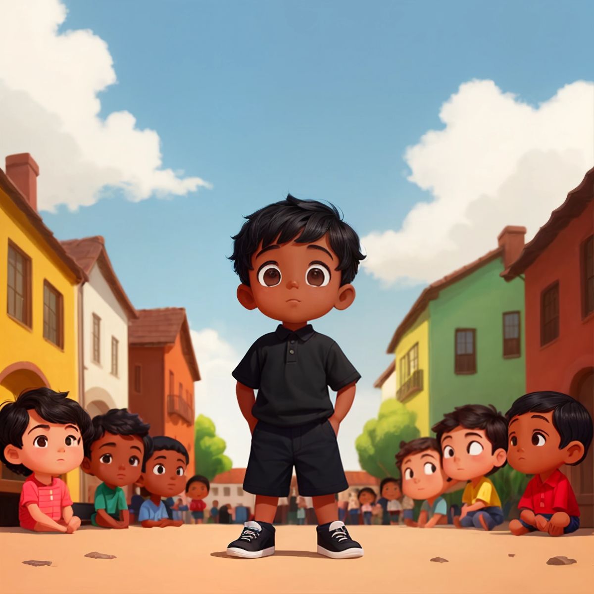 Felix surrounded by a diverse group of friends, with a backdrop of the town, symbolizing his journey and growth.