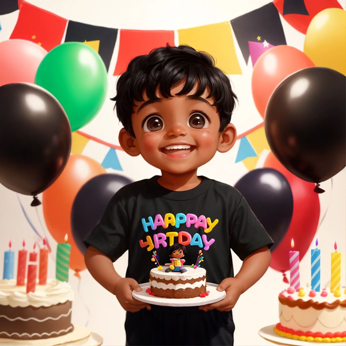 Felix holding a party invitation with a big smile, a birthday cake and balloons in the background.