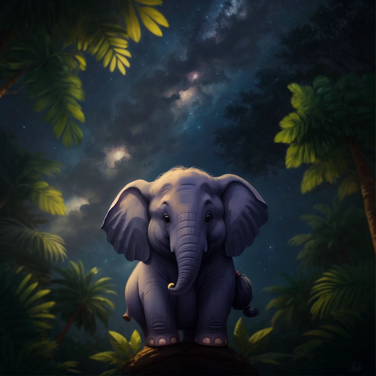 Fluffy the elephant looking up at the starry night sky with a puzzled expression, surrounded by silhouettes of jungle trees.