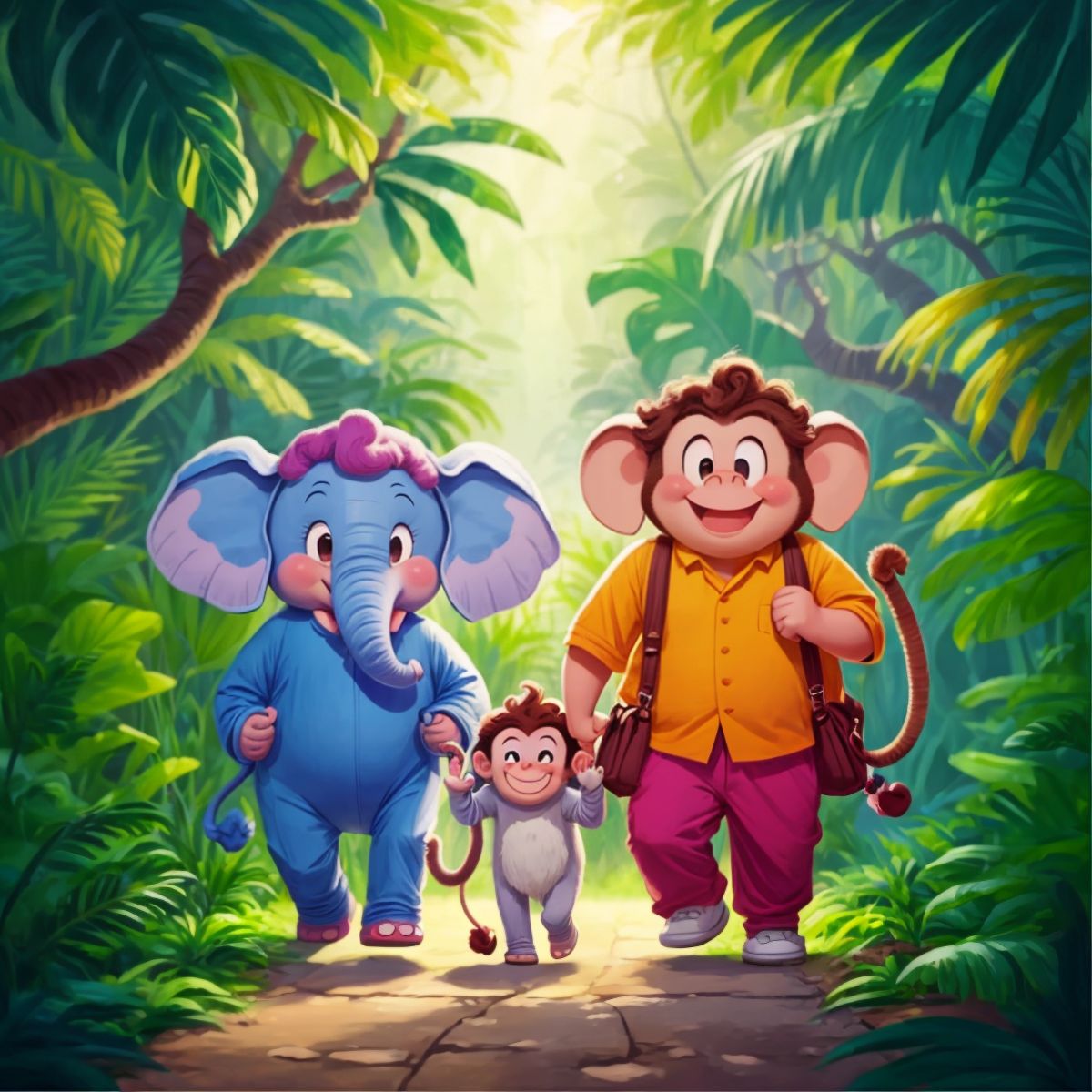 Fluffy the elephant and Chuckles the monkey walking side by side, laughing together with a backdrop of the vibrant jungle.