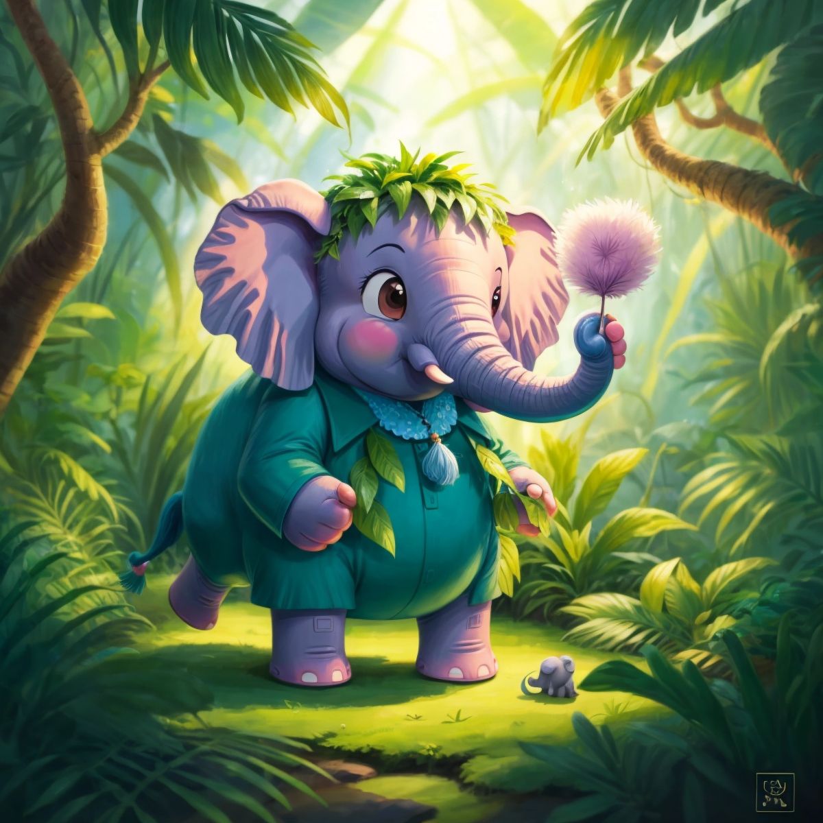 Fluffy the elephant standing in a lush jungle setting, looking ticklish with a feather nearby.