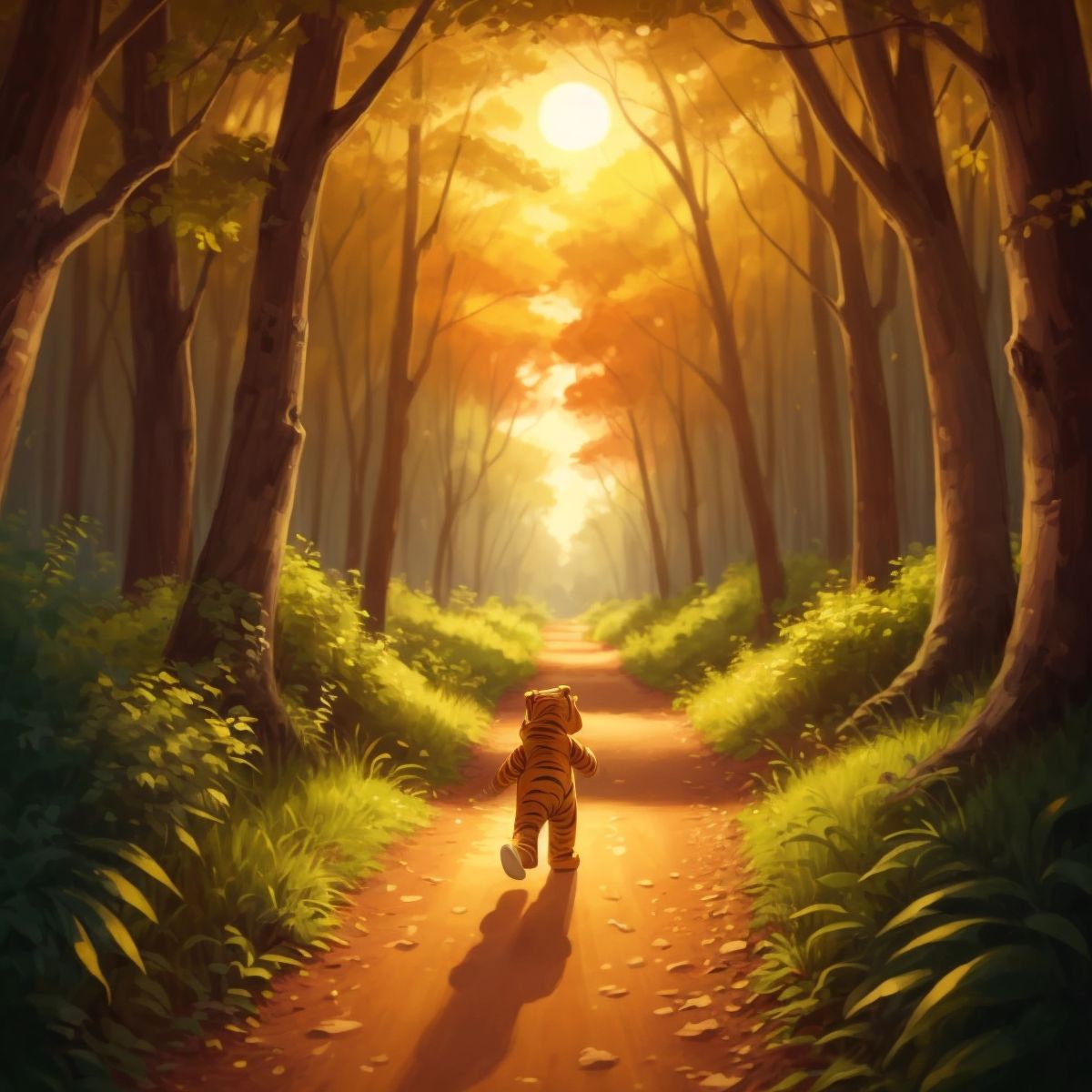 Titong walking back home through the forest at sunset, with a warm glow in the sky and a satisfied smile on his face.