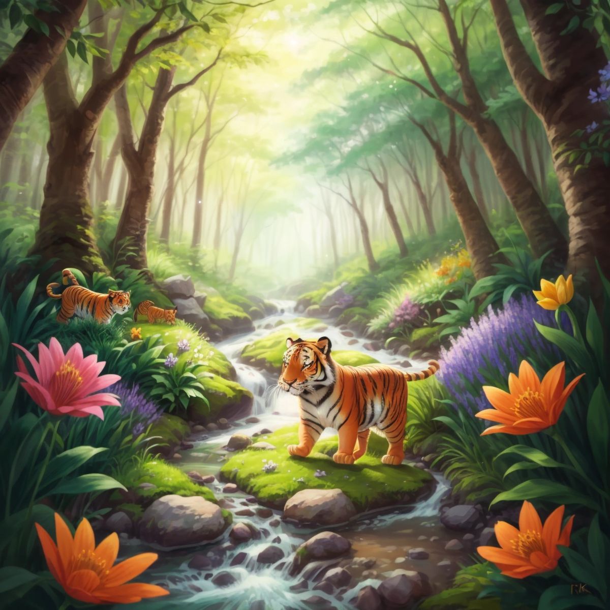 Titong walking through the forest, with new animal friends in the background, a variety of flowers, and a sparkling stream.