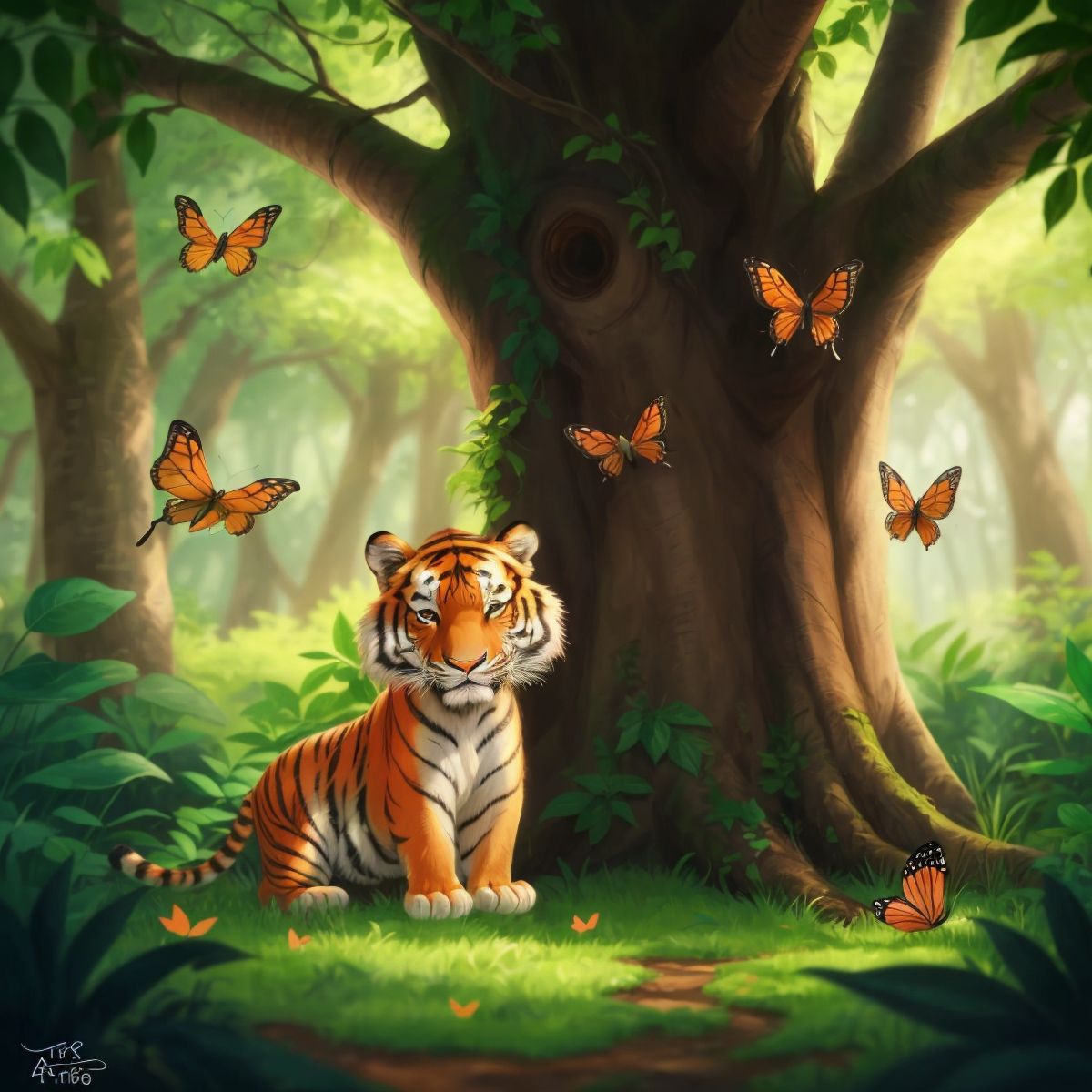 Titong, the young tiger, hiding behind a large tree with bright eyes peeking out as butterflies flutter nearby in the lush green forest.