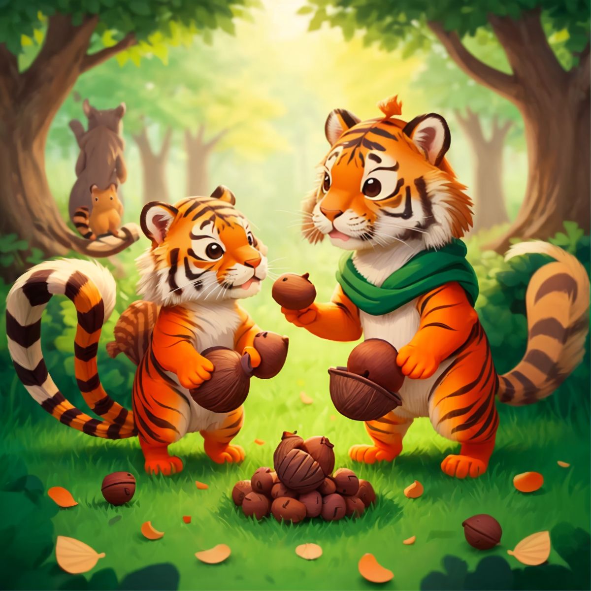Titong helping a squirrel carry acorns with a pile of acorns at their feet, showcasing a moment of teamwork and friendship.