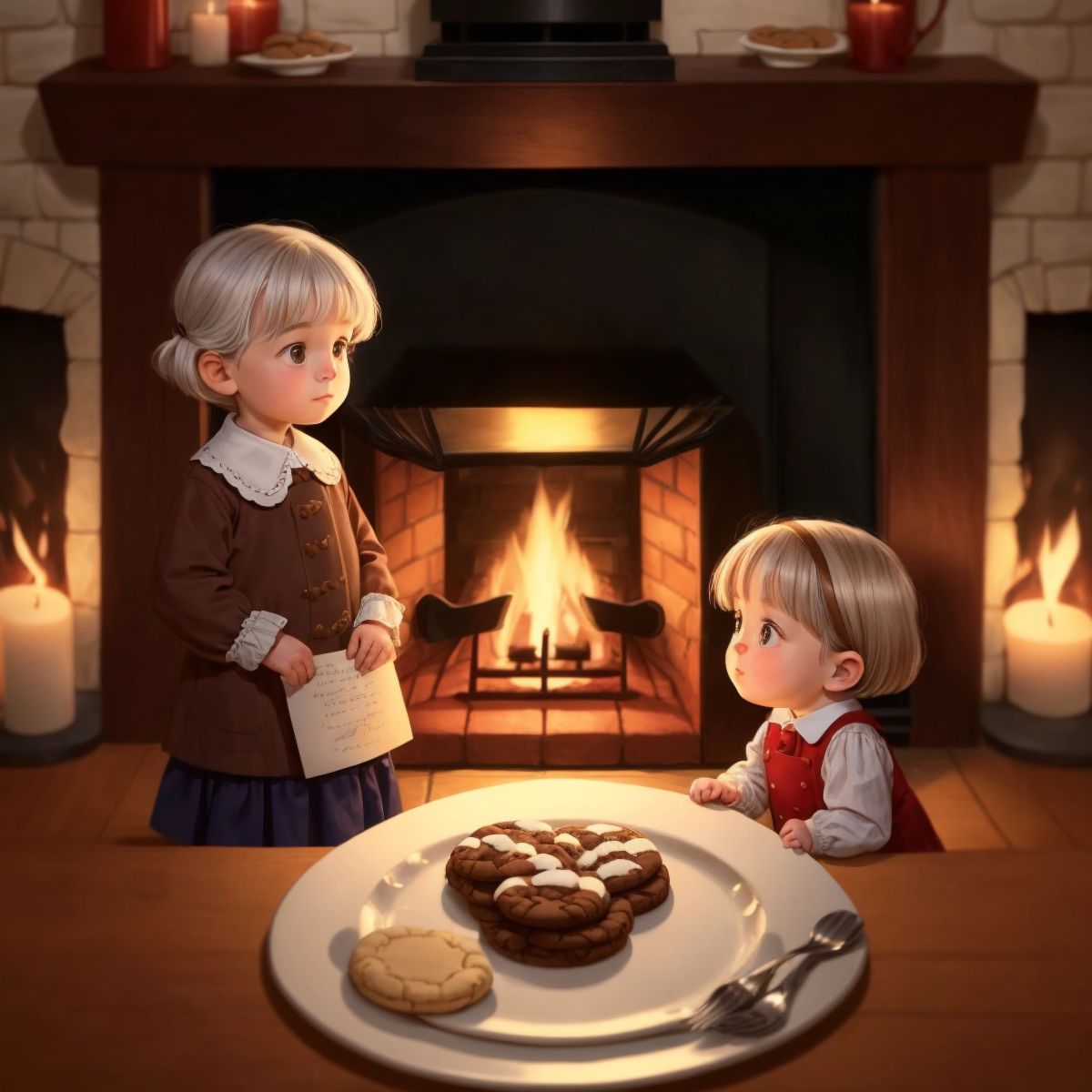 A plate of cookies on a fireplace hearth with a note for Santa, while Isla stands in the background with a hopeful look.