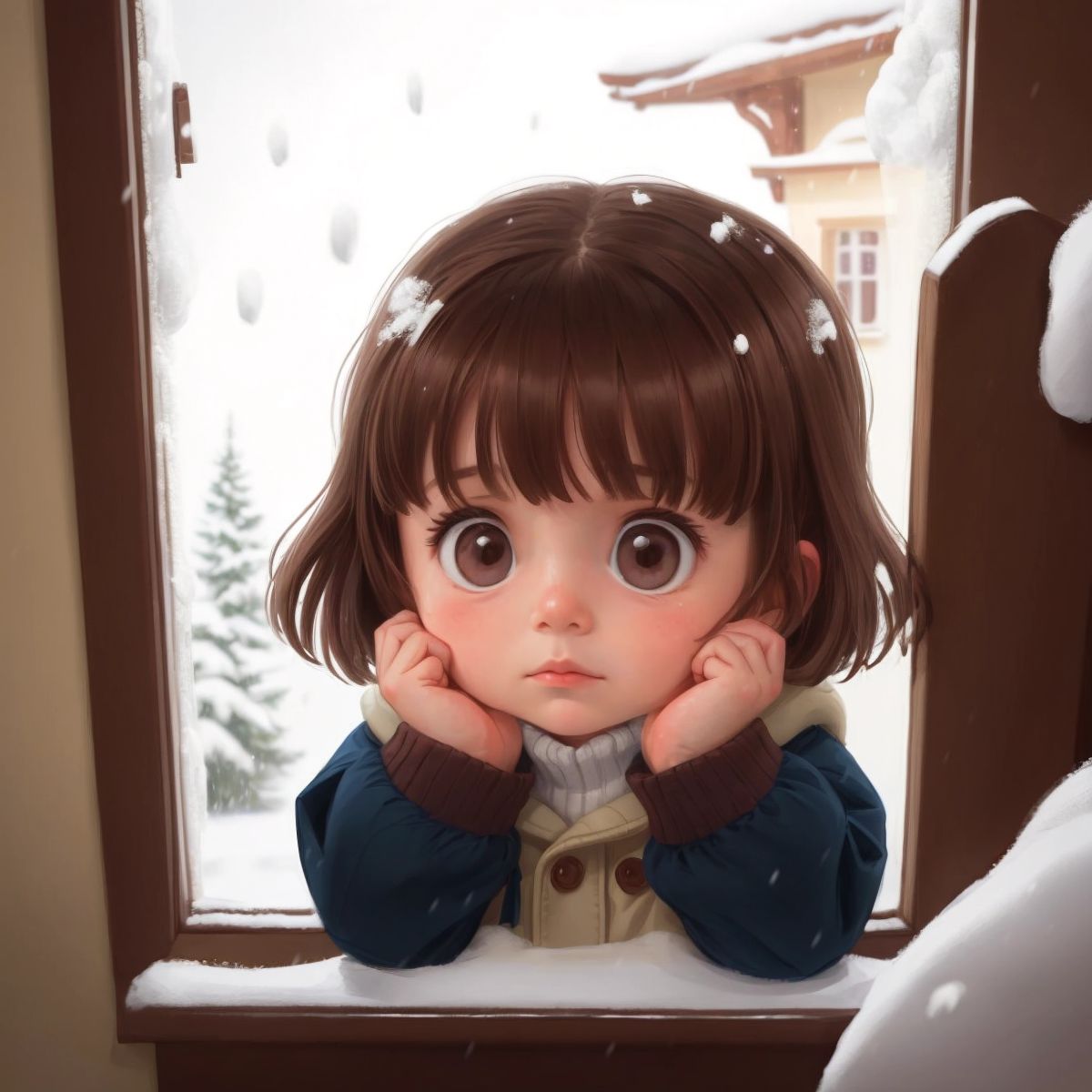 Isla looking out of a window with a sad expression as heavy snow falls outside, obscuring the view.