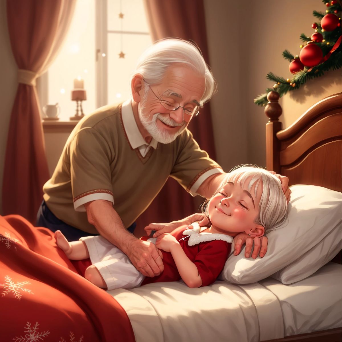 Santa tucking Isla into bed, with her eyes closed and a content smile, as the room glows with the magic of Christmas.