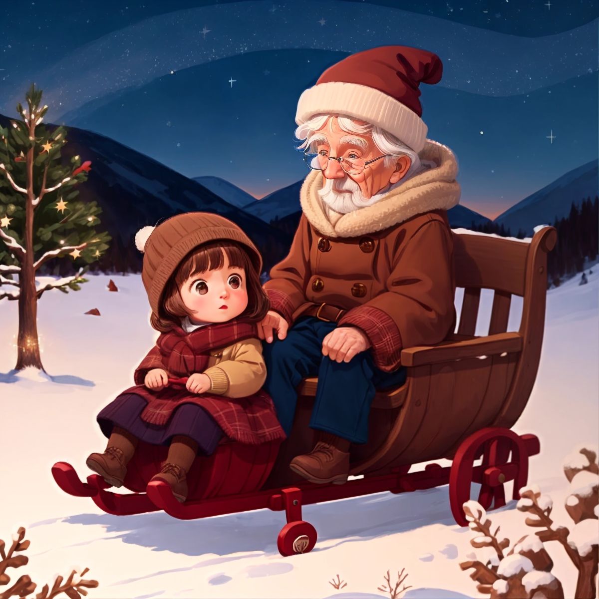 Isla, bundled up in winter clothes, sitting in Santa's sleigh with a look of amazement under the starry night sky.