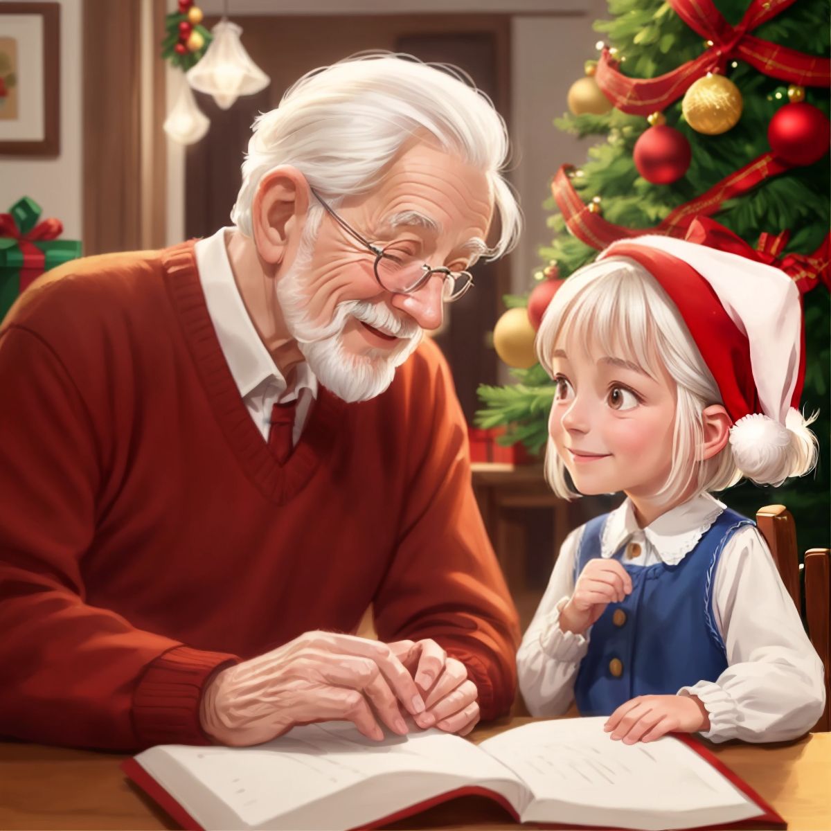 Santa, with a warm smile, listening to Isla as she tells him her Christmas wish.