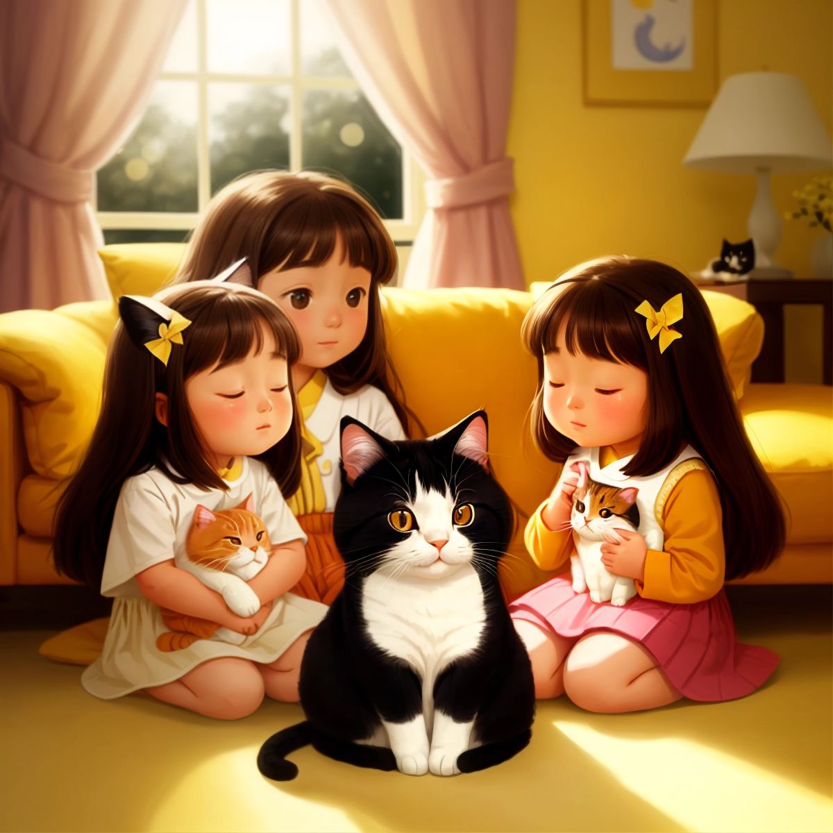 Olivia, a 9yo girl, sitting in a cozy room with Mochi, a chubby British short hair cat with white fur and a yellow pattern, napping in a sunbeam.