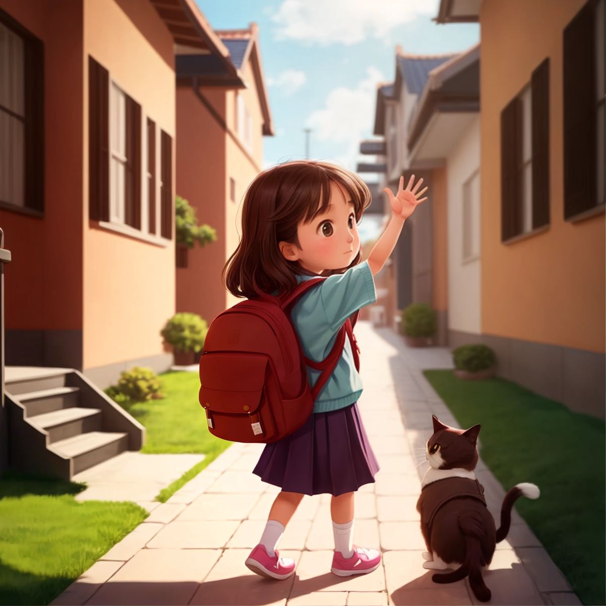 Olivia with a backpack walking towards a school building, waving goodbye to Mochi who is watching from a window.