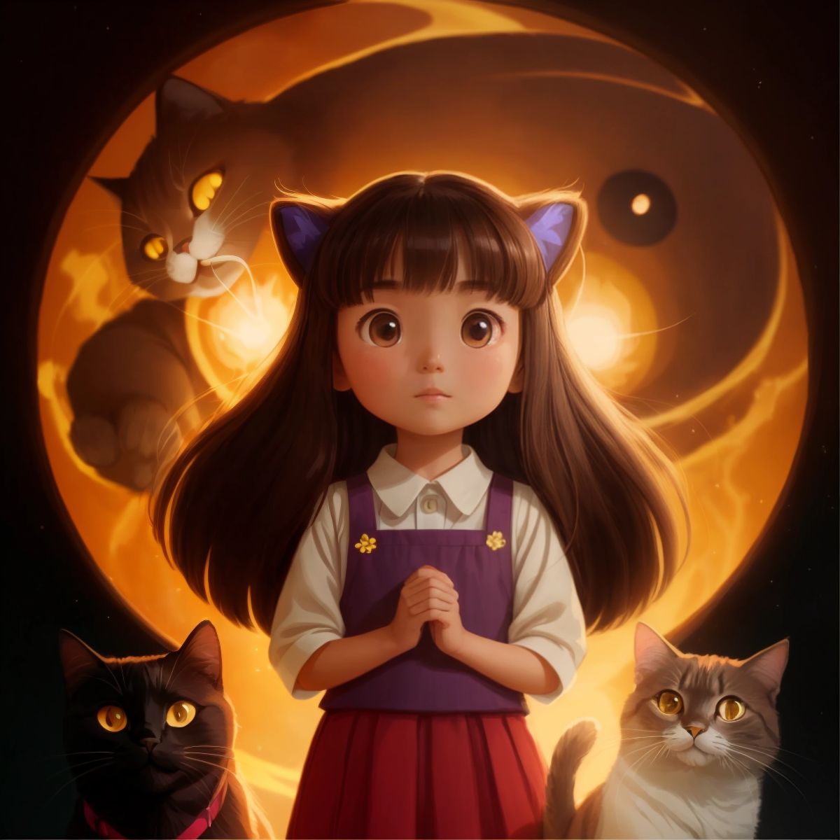 Olivia standing confidently with a magical glow around her, Mochi beside her with eyes glowing, both facing a dark, swirling force in the background.