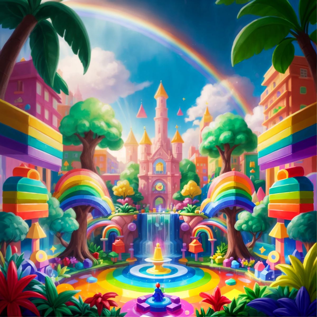 Barbie looking at a magical fountain with rainbow light in the Toy Jungle, with trees made of colorful blocks in the background.