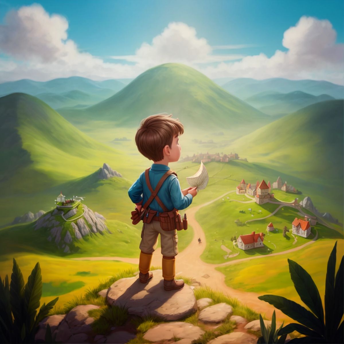 Ken standing on a hill overlooking distant toy lands with a map in his hand, indicating the vast adventures ahead.