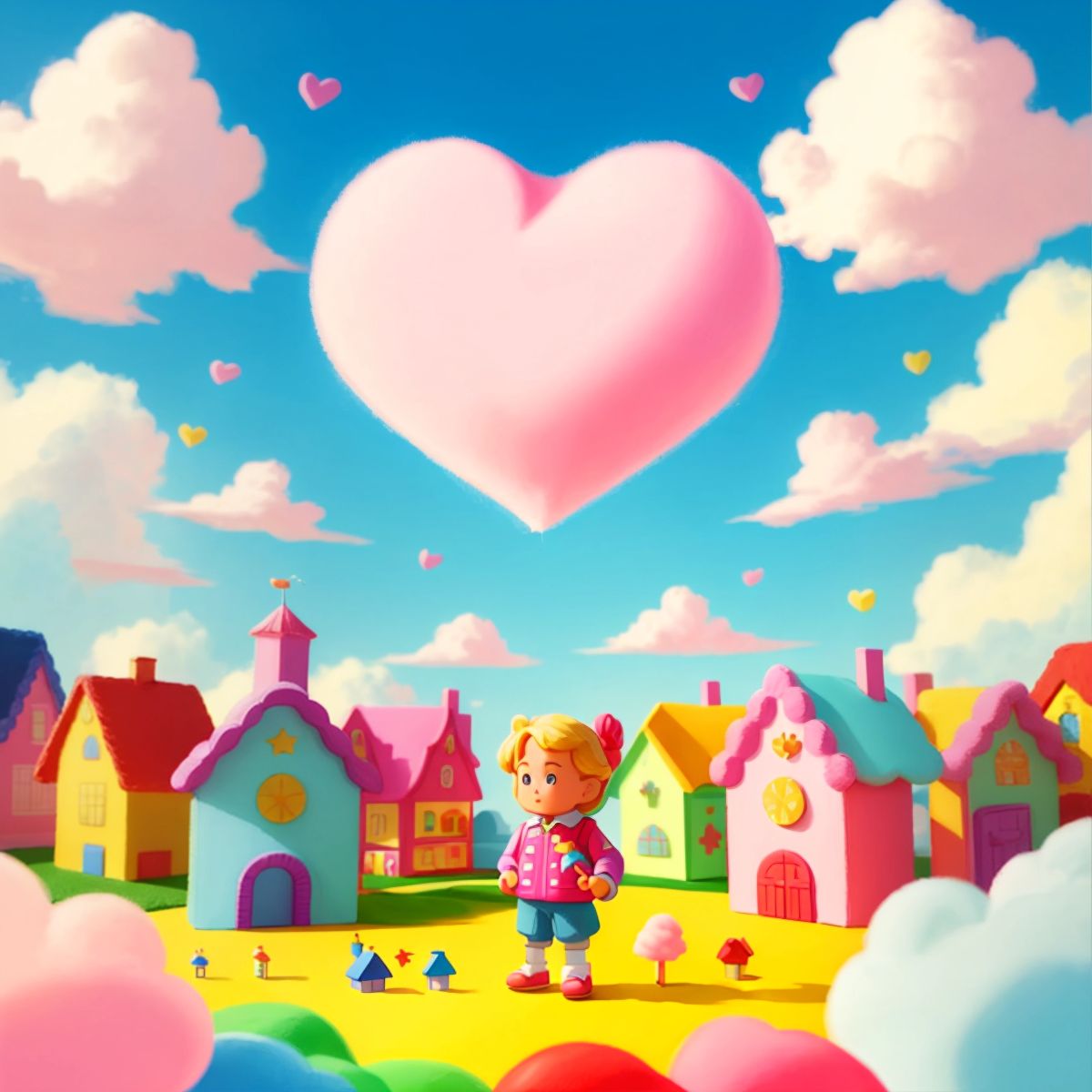 Barbie standing in the heart of Toyland, surrounded by vibrant toy houses and cotton candy clouds in the sky.