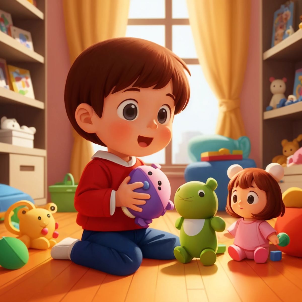 Ken holding a toy that has come to life, with a background showing various animated toys celebrating.