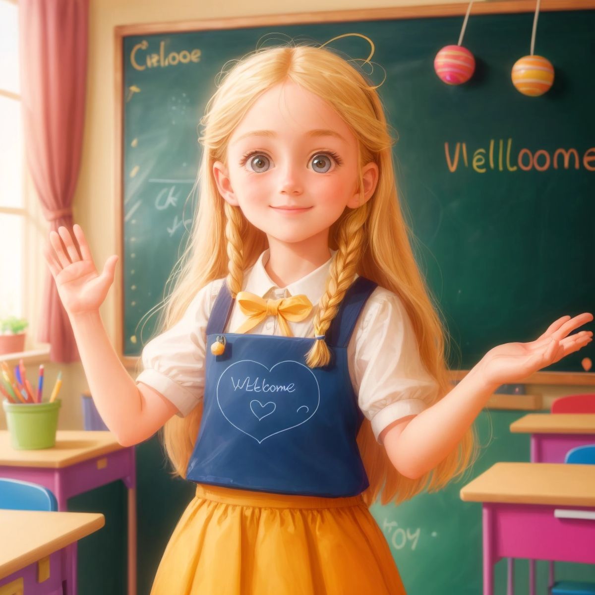 Matilda Wormwood with a hopeful expression, standing in a bright, welcoming classroom with colorful decorations and a chalkboard that reads 'Welcome to Miss Honey's Class'.