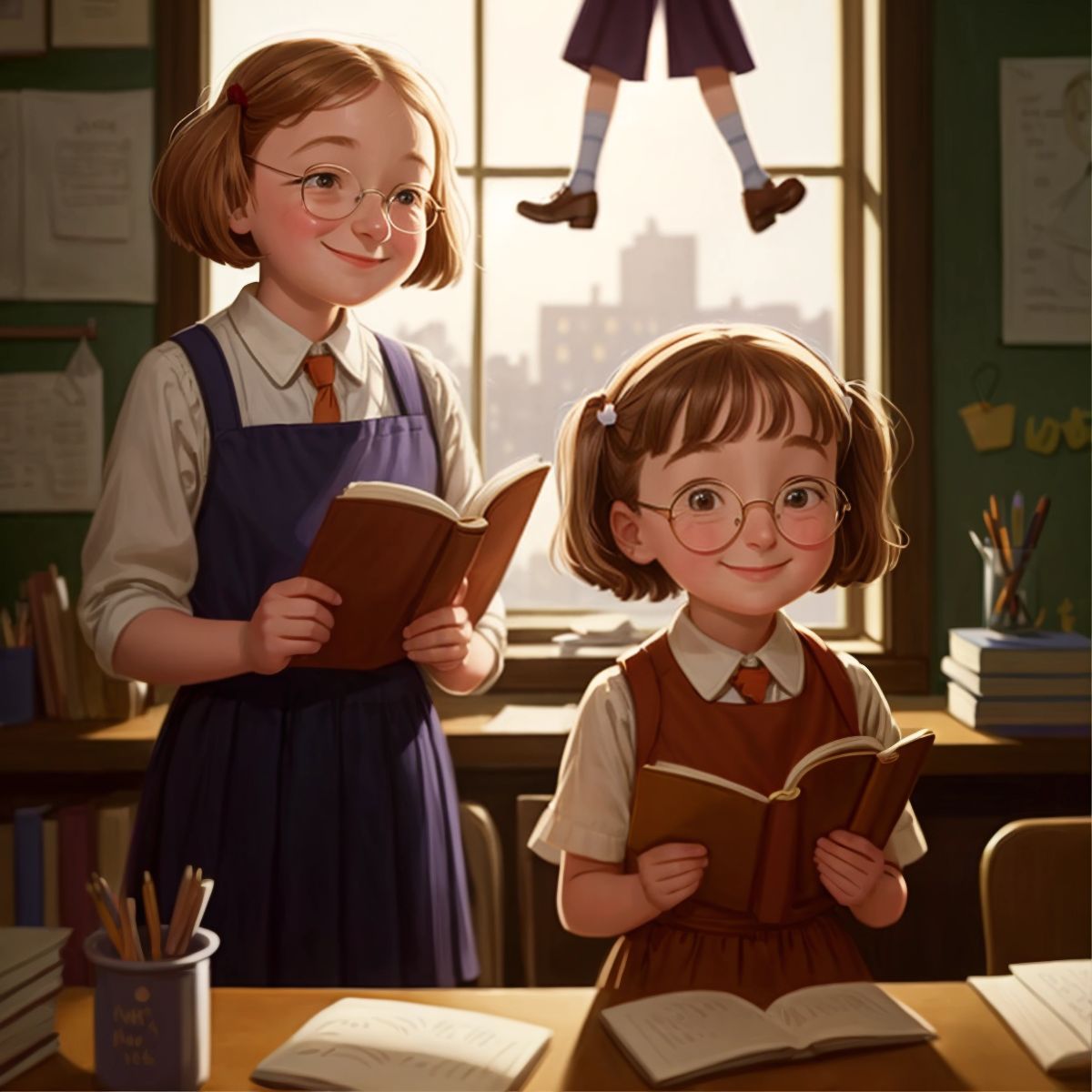 Miss Honey with a comforting smile, standing beside Matilda who is reading a book at her desk, while a dark silhouette of Miss Trunchbull looms in the background through the classroom door window.